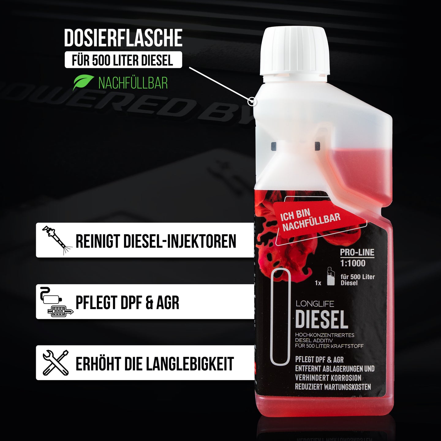 Longlife DIESEL Pro-Line - Premium-Pflege für den Dieselmotor, Kraftstoffadditiv, nachfüllbare Dosierflasche 500ml