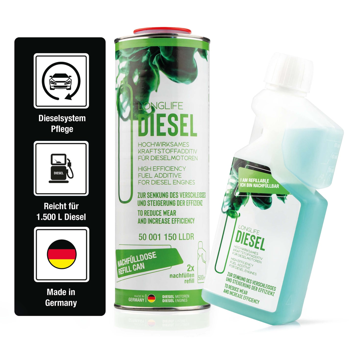 Longlife DIESEL - Basis-Pflege für den Dieselmotor, Kraftstoffadditiv, Refill-Kit 1 x 500ml + 1 x 1.000ml