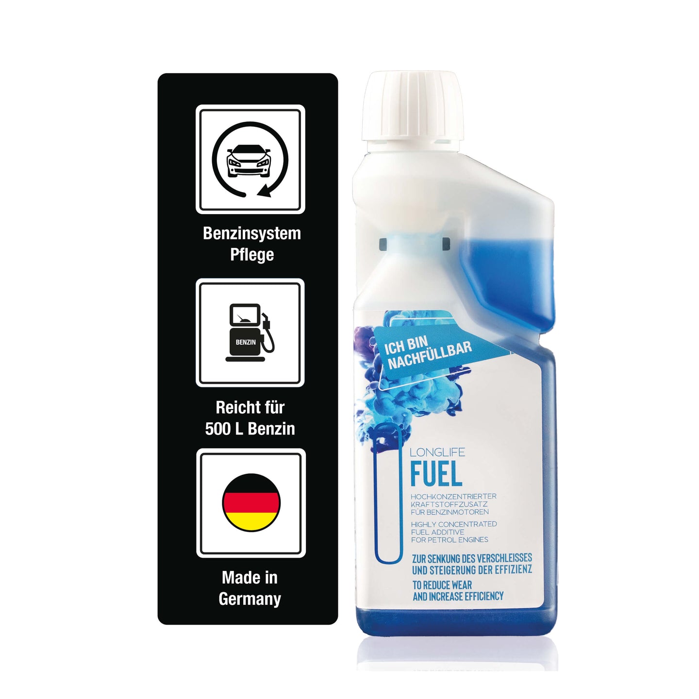 Longlife FUEL - Basis-Pflege für den Benzinmotor, Kraftstoffadditiv, nachfüllbare Dosierflasche 500 ml