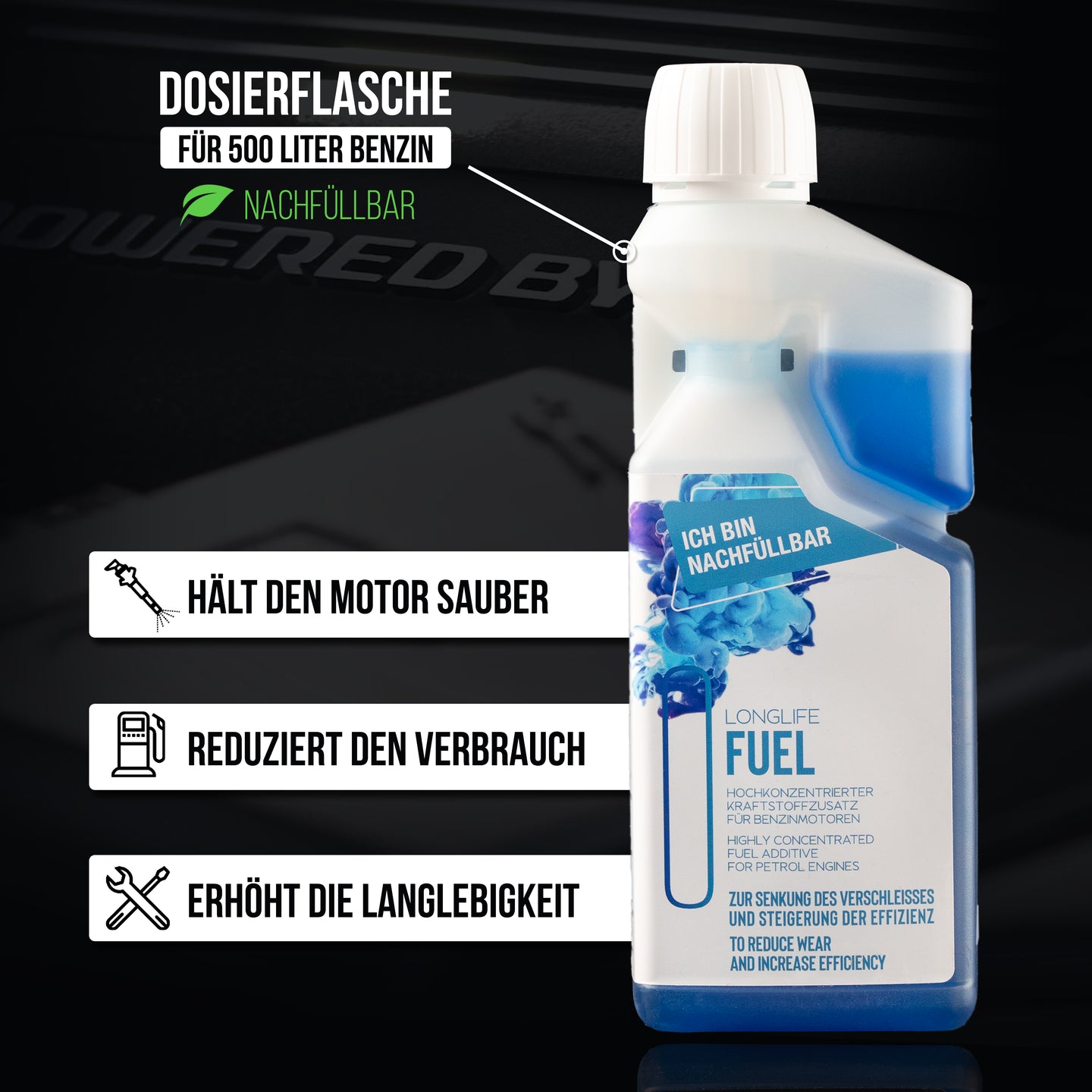 Longlife FUEL - Basis-Pflege für den Benzinmotor, Kraftstoffadditiv, nachfüllbare Dosierflasche 500 ml