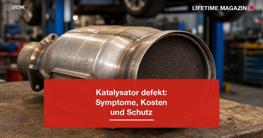 Ausgebauter Drei-Wege-Katalysator mit sichtbarer Wabenstruktur auf einer Werkbank in der KFZ-Werkstatt – Katalysator defekt: Symptome, Kosten und Schutz