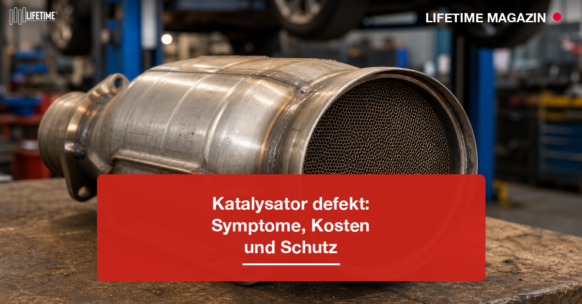Ausgebauter Drei-Wege-Katalysator mit sichtbarer Wabenstruktur auf einer Werkbank in der KFZ-Werkstatt – Katalysator defekt: Symptome, Kosten und Schutz