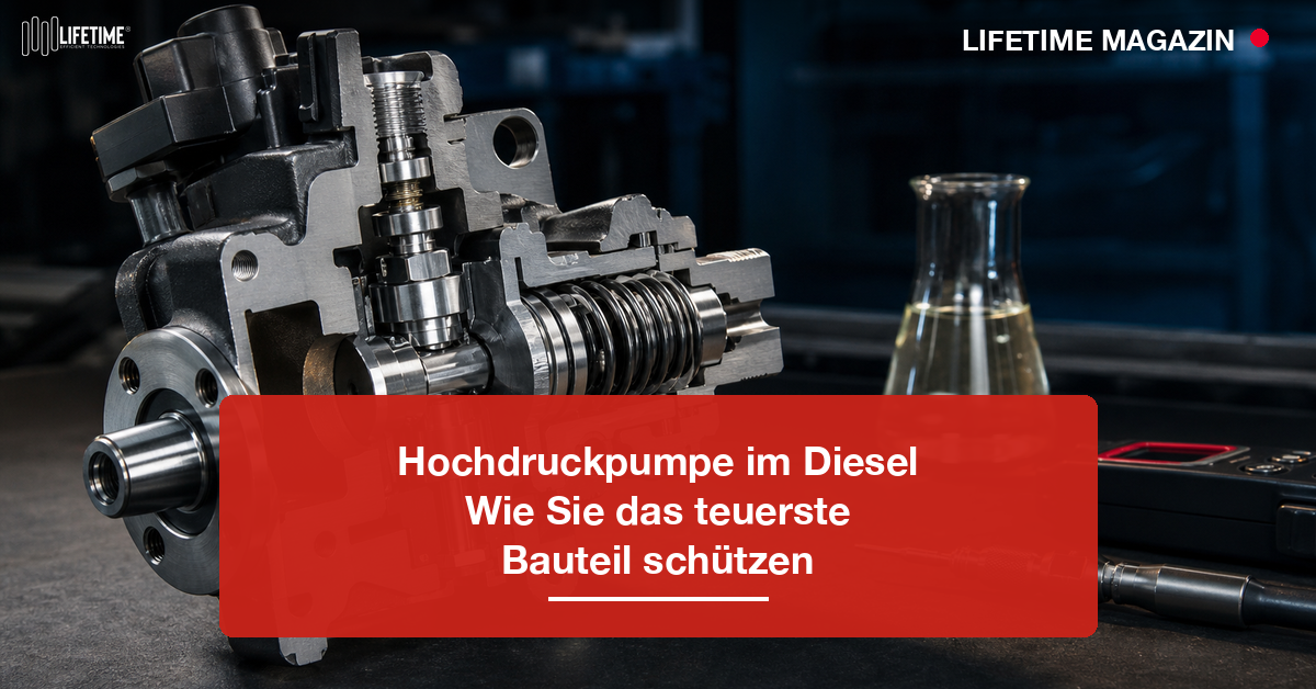 Querschnitt einer Common-Rail-Hochdruckpumpe im Werkstatt-Stillleben mit Diesel-Probe