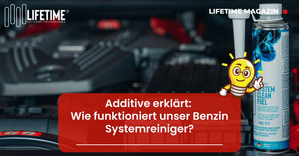 Benzin Systemreiniger steht in Motorraum