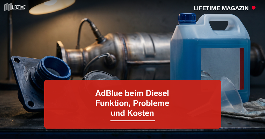 AdBlue-Einfüllstutzen und SCR-Komponente eines Diesel-Pkw im Werkstatt-Stillleben
