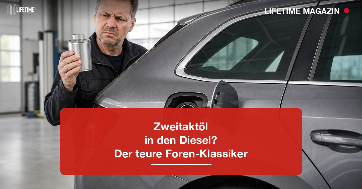 Skeptischer Mann prüft eine Dose Zweitaktöl neben dem offenen Tankstutzen eines Diesels in der Werkstatt – LIFETIME Magazin
