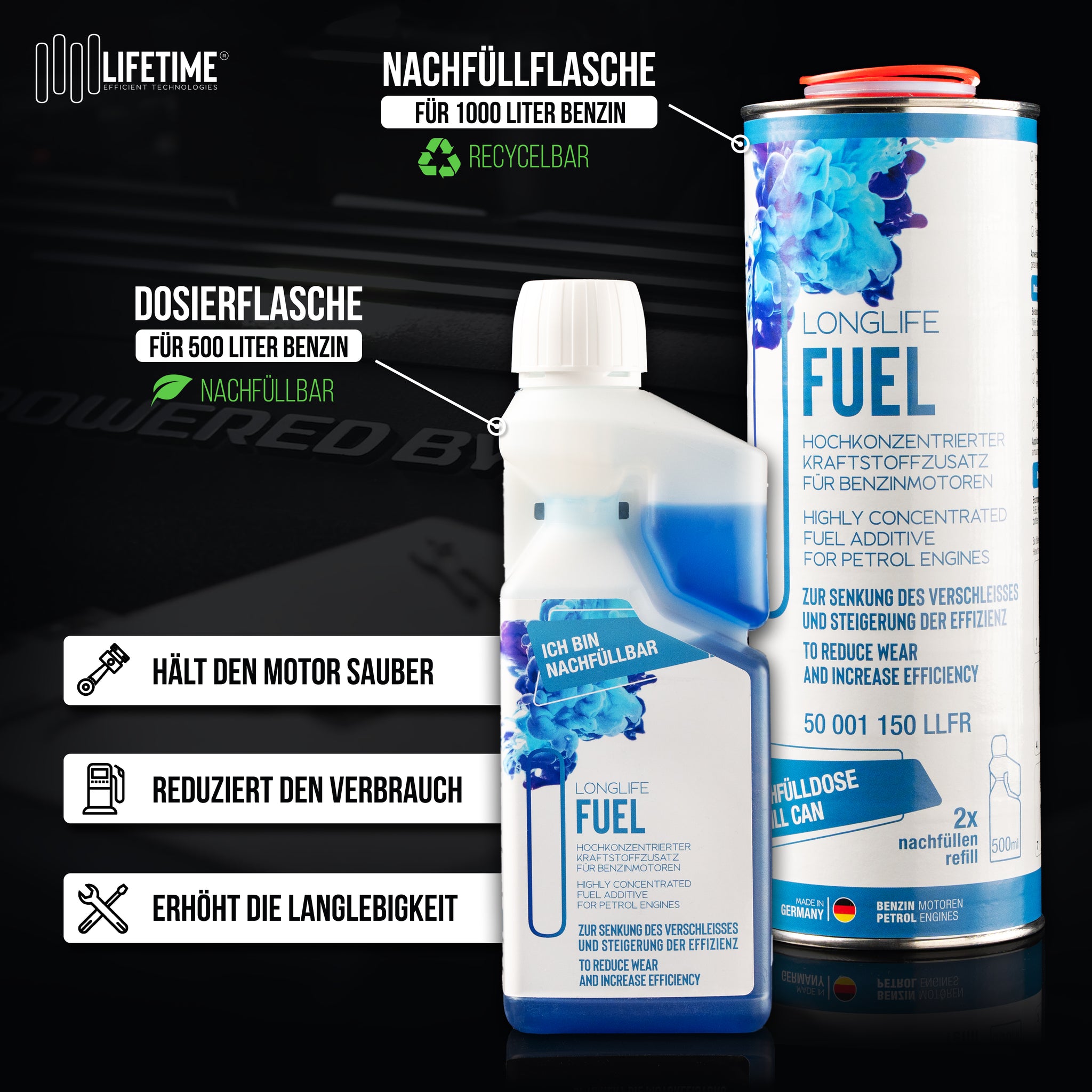 Longlife FUEL - Basis-Pflege für den Benzinmotor, Kraftstoffadditiv, Refill-Kit 1 x 500ml + 1 x 1.000ml