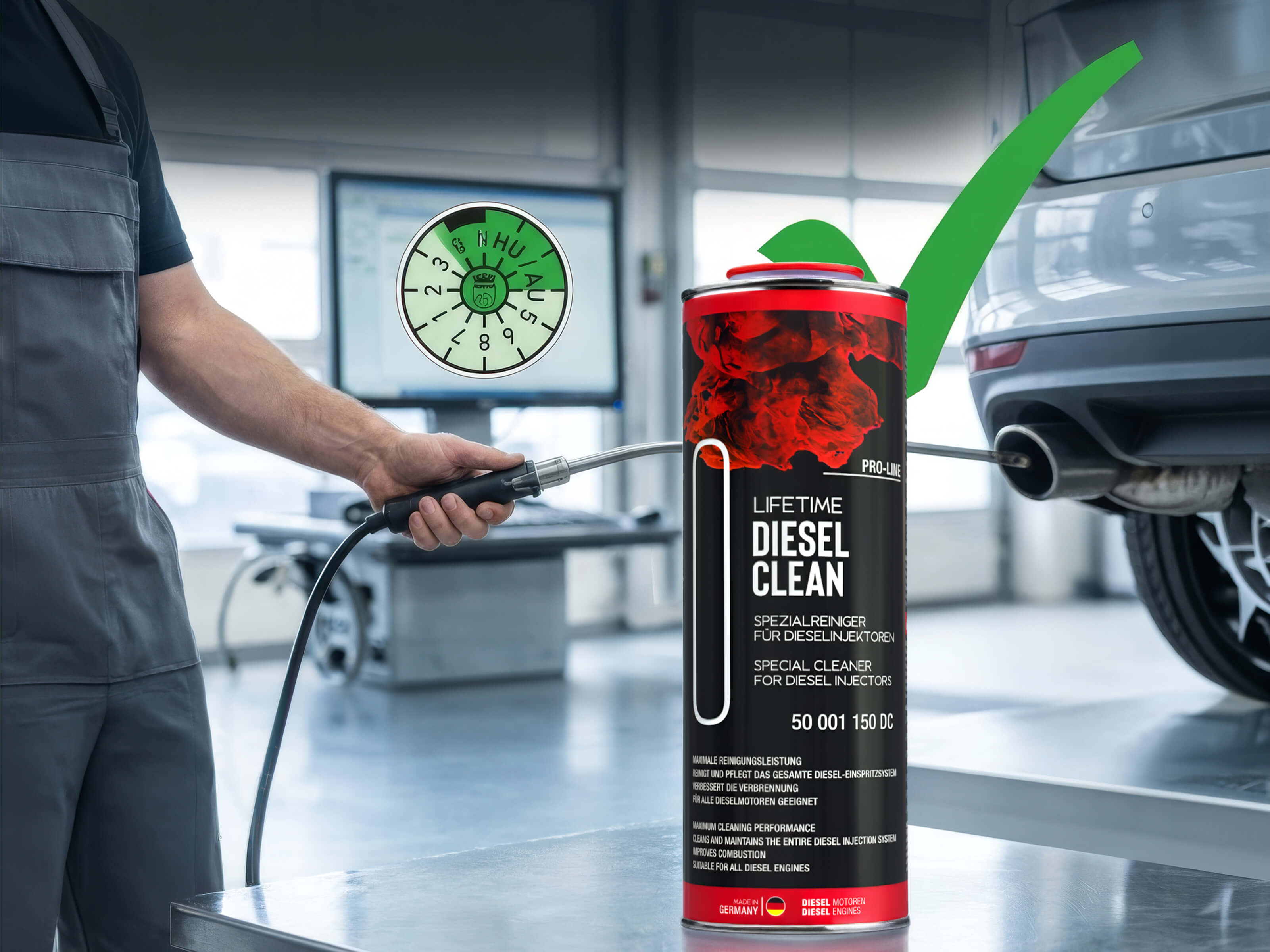 Tiefenreinigung mit Lifetime DIESEL CLEAN ist die ideale Vorbereitung für die Abgasuntersuchung – sauberere Verbrennung im Industrietest belegt