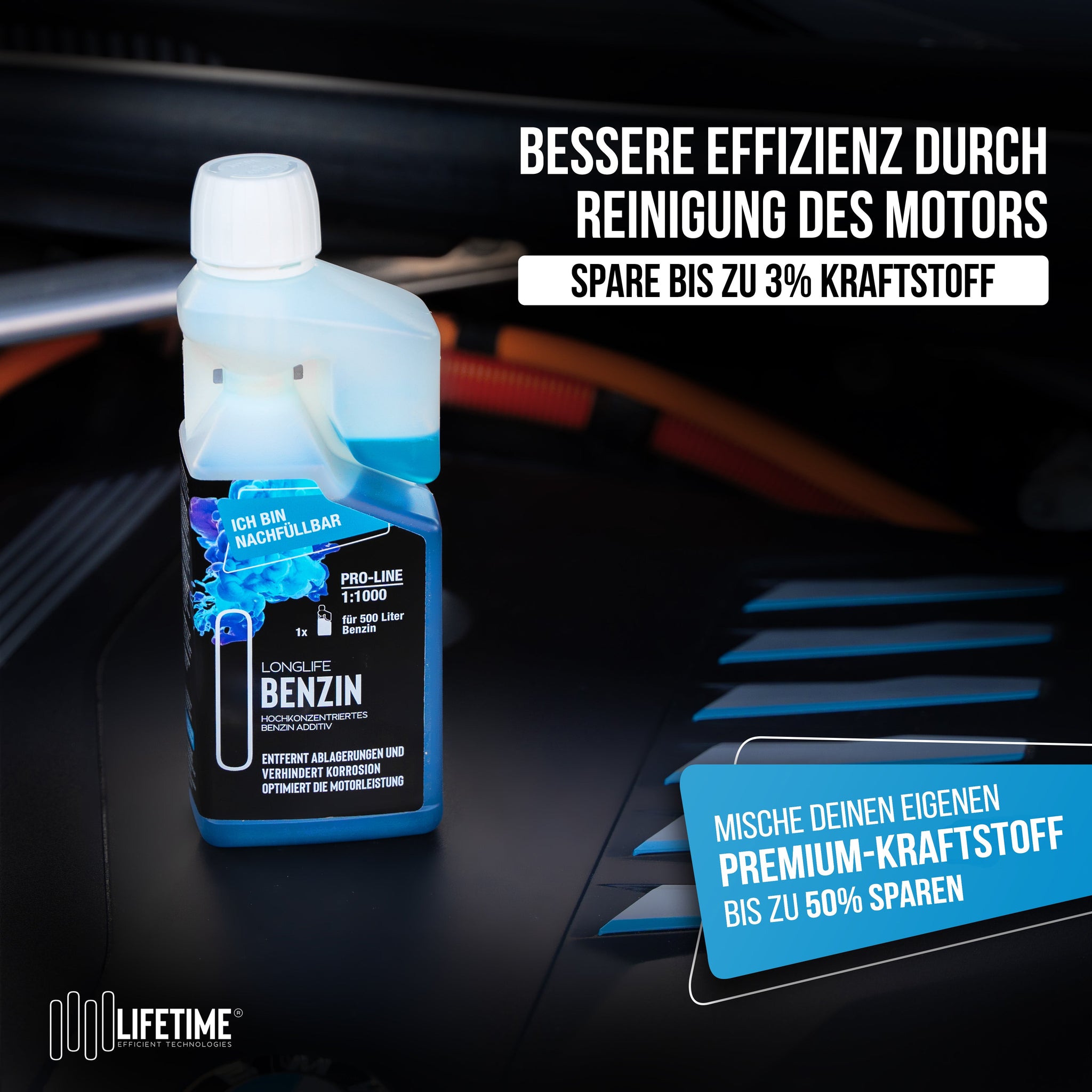 Longlife BENZIN Pro-Line - Premium-Pflege für den Benzinmotor, Kraftstoffadditiv, Refill-Kit 1 x 500ml + 1 x 1.000ml