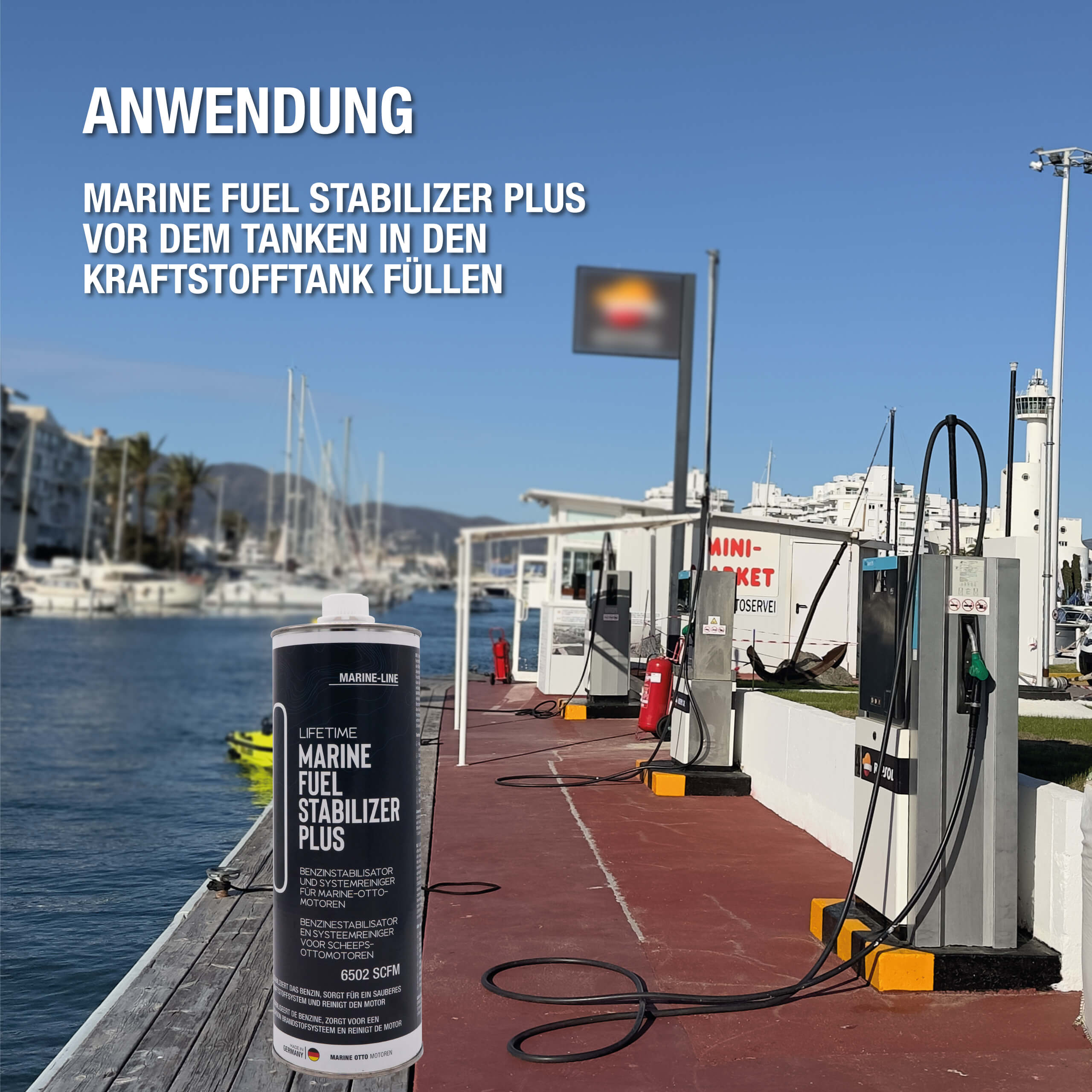 Benzin-Additiv Lifetime Marine Fuel Stabilizer mit einer Bootstankstelle im Hintergrund