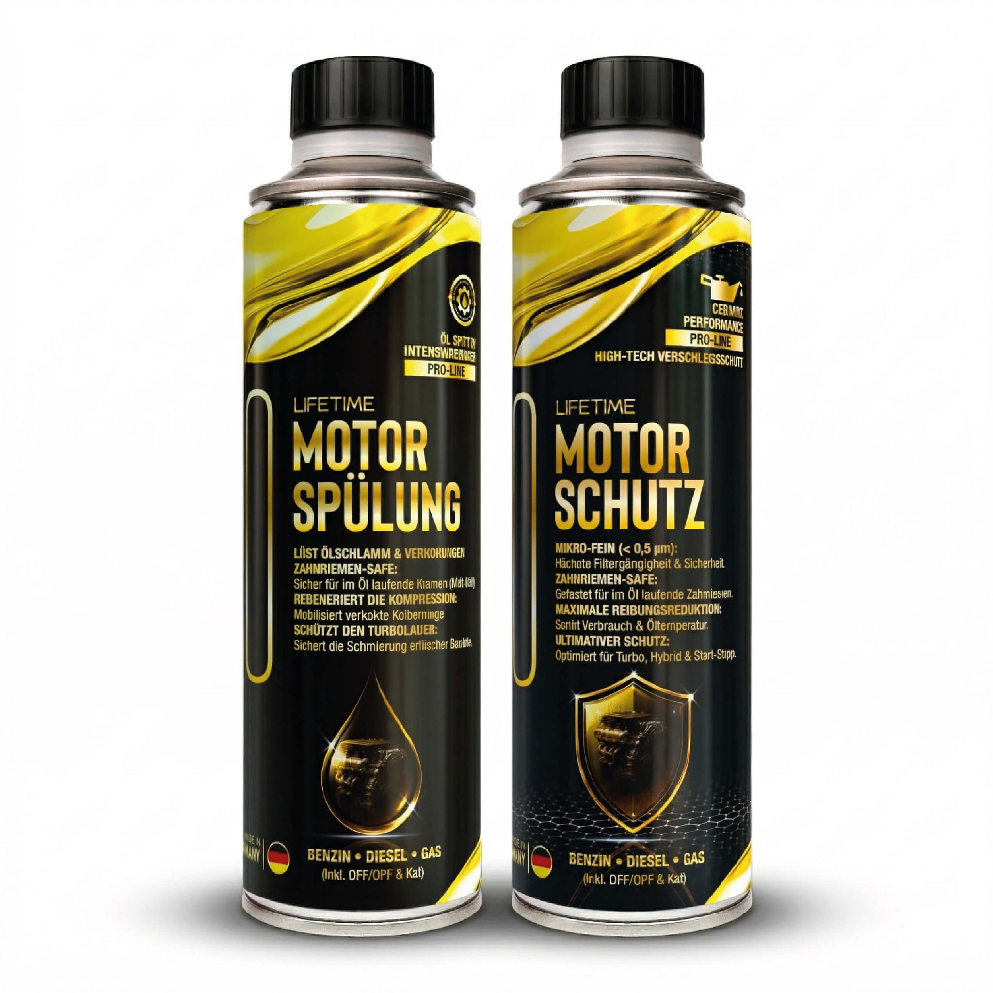 Lifetime Öl Reinigungs- & Schutz Paket PRO-LINE - Motorspülung + Motorschutz - gegen Ölschlammbildung, Frischöl-Schock, Kaltstart-Verschleiß, Verkokungen