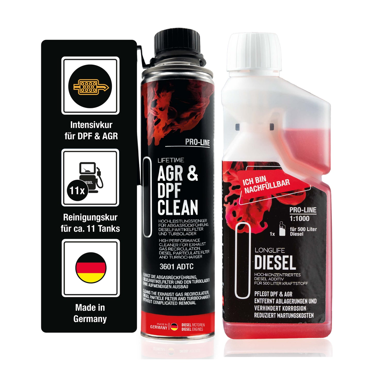 Diesel AGR & DPF Reinigungs-Kur Pro-Line - Premium-Pflege Produkt-Set AGR&DPF CLEAN Pro-Line 400ml + Longlife DIESEL Pro-Line 500ml