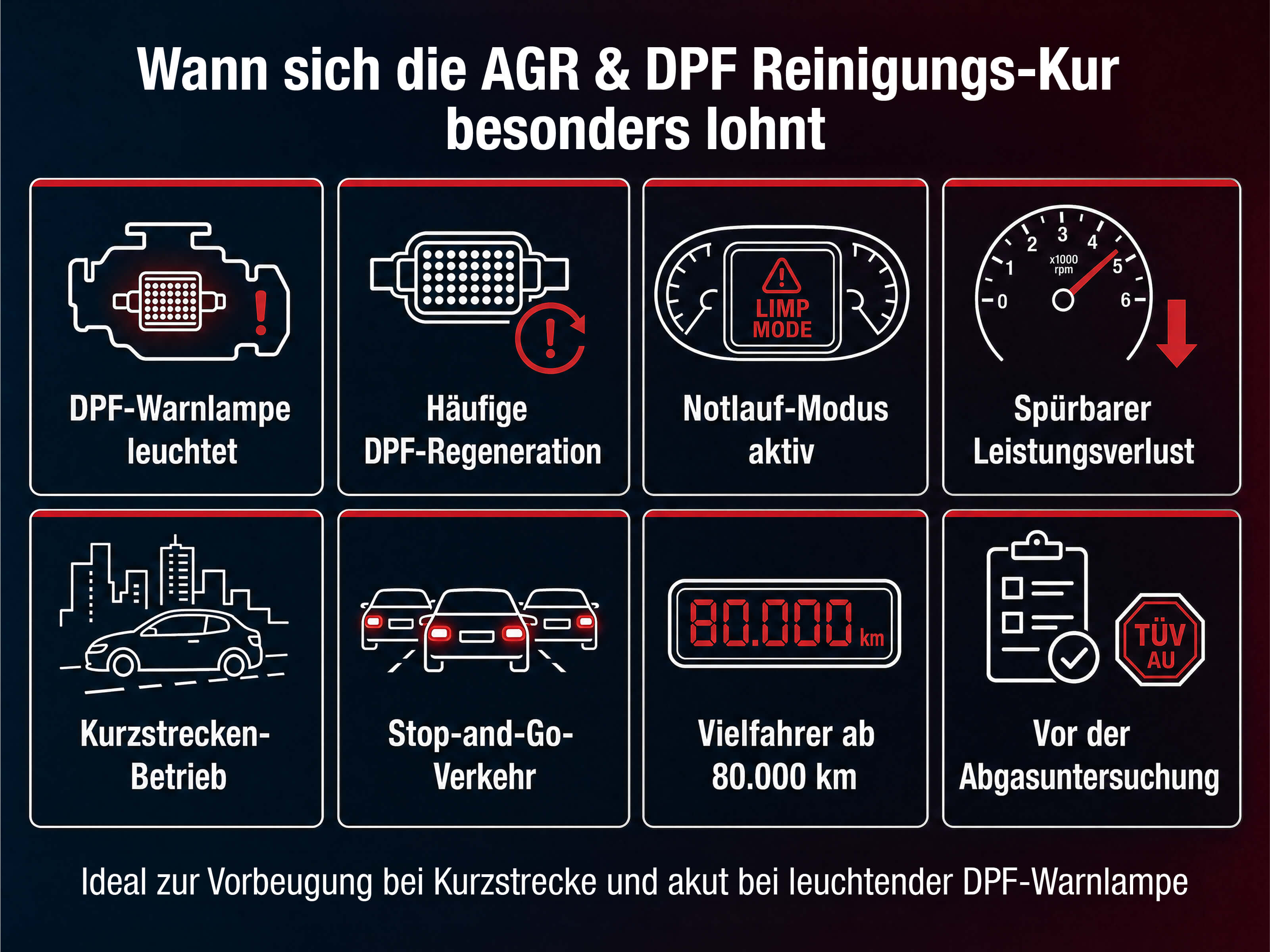 Wann sich die AGR & DPF Reinigungs-Kur besonders lohnt – Tabelle mit Symptomen am Abgassystem