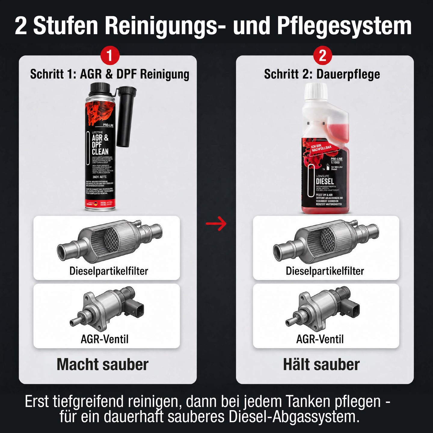 Zwei-Stufen-Pflegesystem – AGR & DPF CLEAN Akut-Reinigung + Longlife DIESEL Dauerpflege