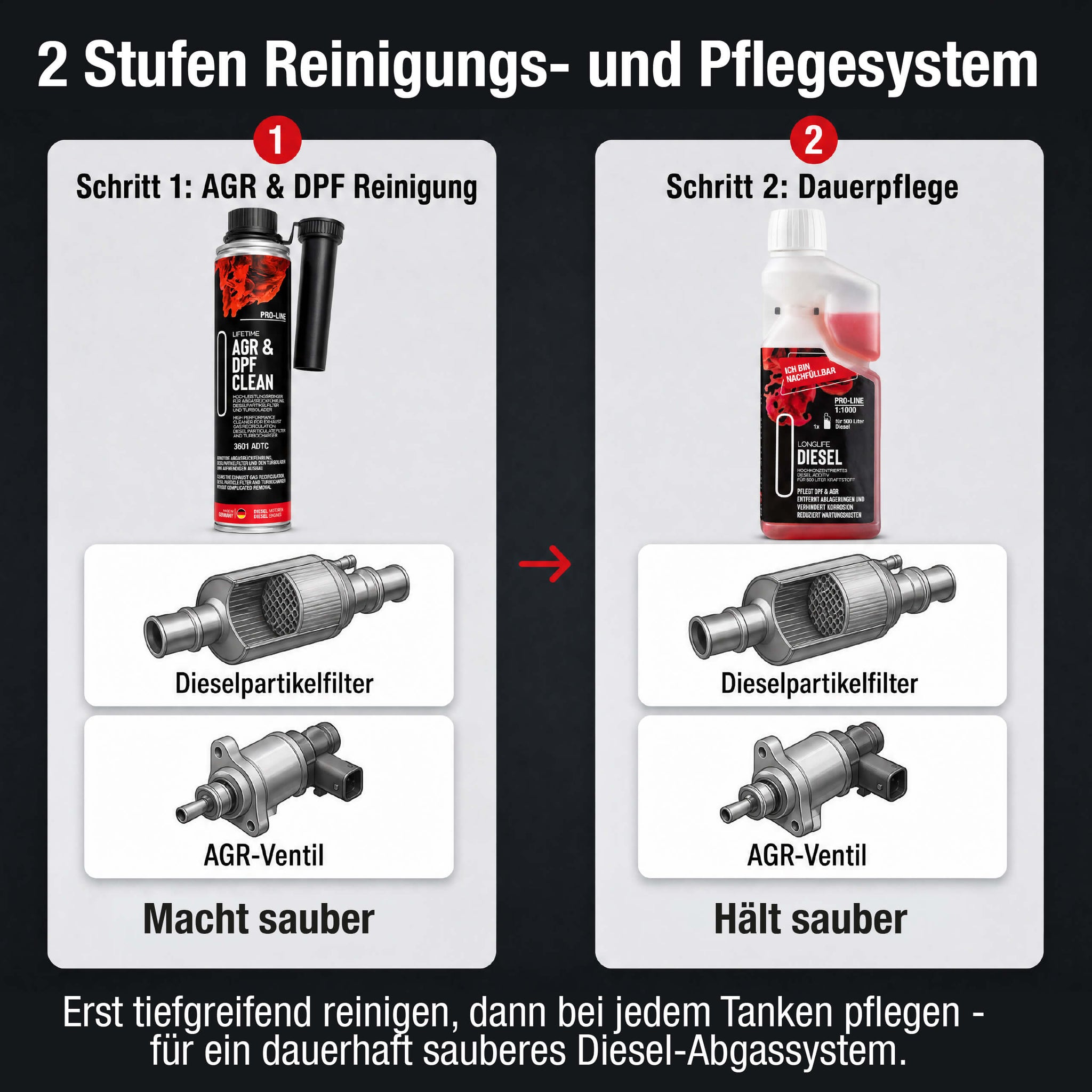 Zwei-Stufen-Pflegesystem – AGR & DPF CLEAN Akut-Reinigung + Longlife DIESEL Dauerpflege