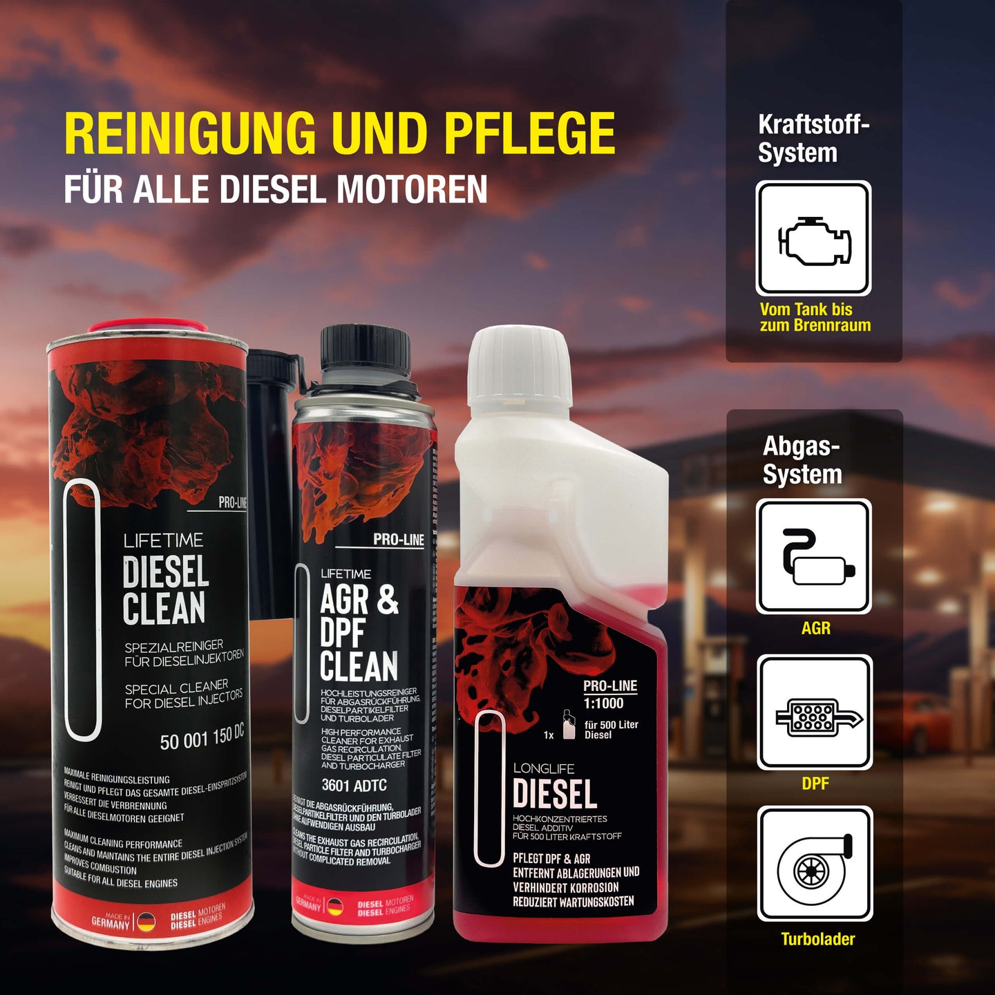 Diesel All in One Reinigungs-Kur Pro-Line - Premium-Pflege Produkt-Set DIESEL CLEAN Pro-Line + AGR&DPF CLEAN + Longlife DIESEL Pro-Line