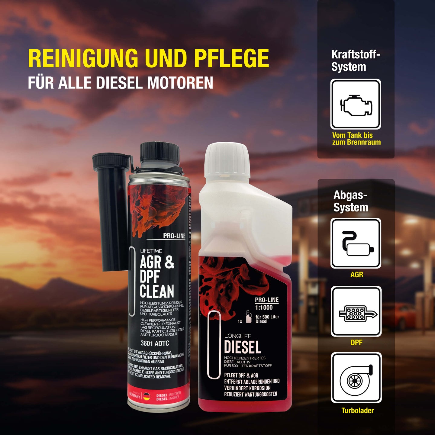 Diesel AGR & DPF Reinigungs-Kur Pro-Line - Premium-Pflege Produkt-Set AGR&DPF CLEAN Pro-Line 400ml + Longlife DIESEL Pro-Line 500ml