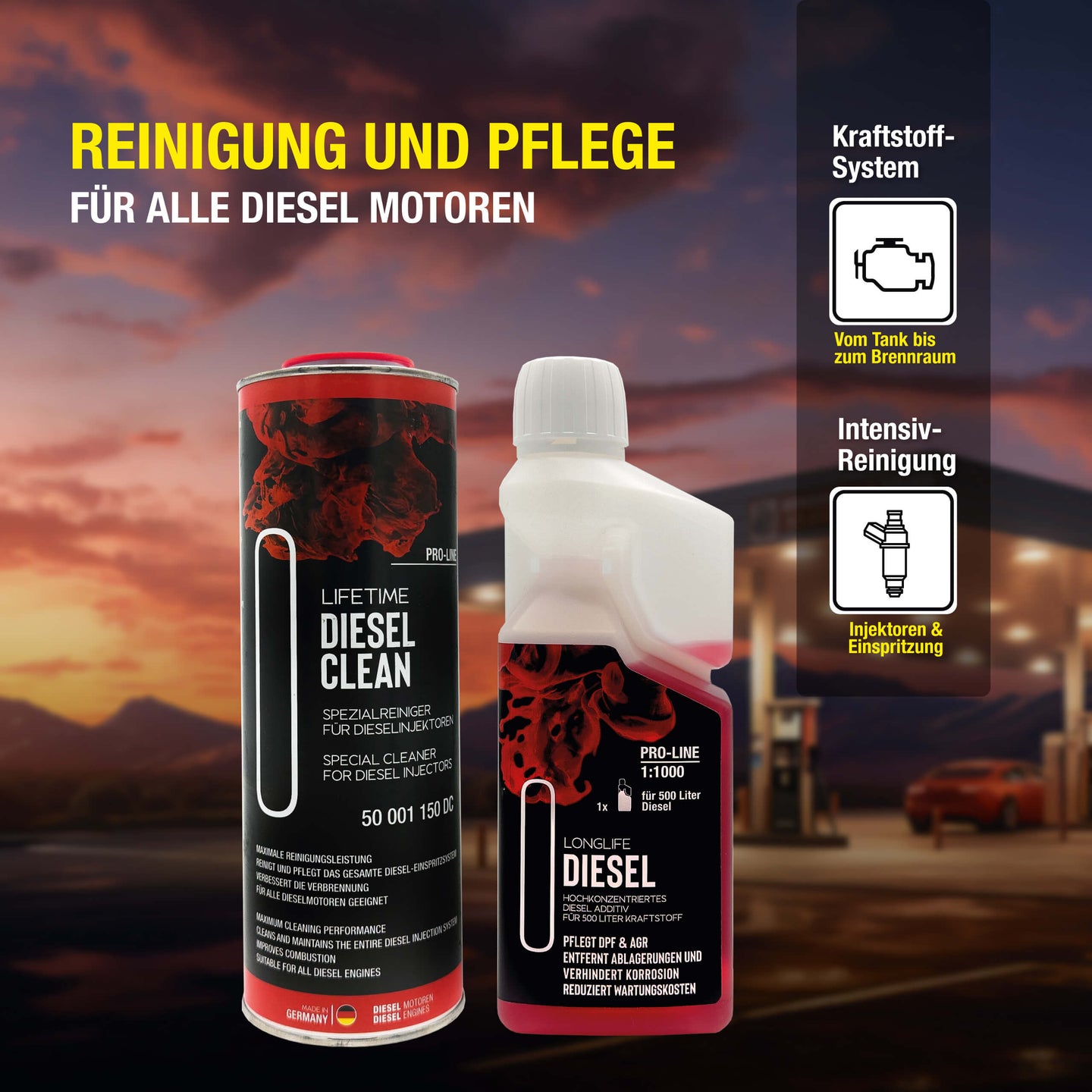 Diesel Injektor & System Reinigungs-Kur Pro-Line - Premium-Pflege Produkt-Set DIESEL CLEAN Pro-Line 1.000ml + Longlife DIESEL Pro-Line 500ml