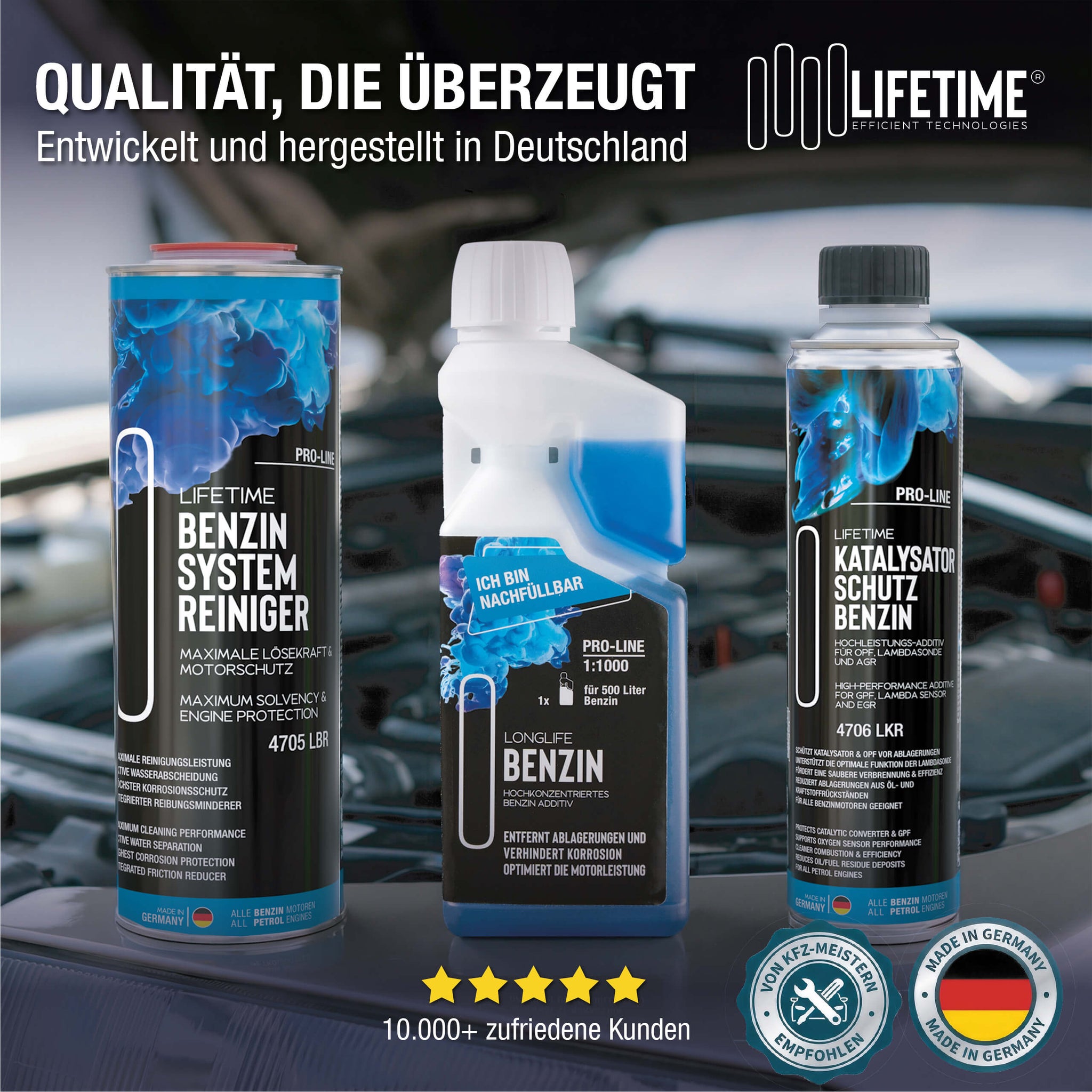 Lifetime Benzin All-in-One Set PRO-LINE – Systemreiniger 1L + Katalysator Schutz 400ml + Longlife Benzin 500ml - Systemreinigung & OPF & Kat Schutz & Dauerpflege