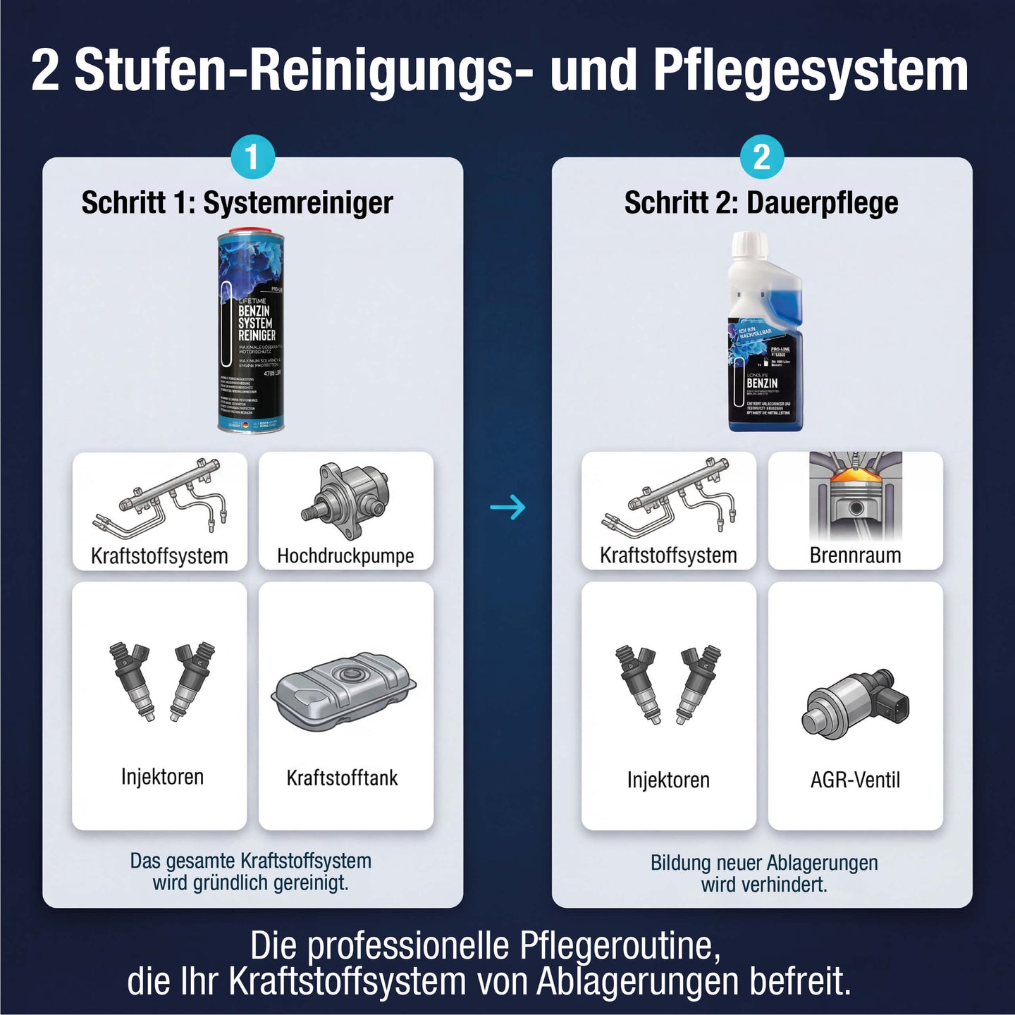 Lifetime Benzin System Reinigungs-Kur PRO-LINE – Systemreiniger 1L + Longlife Benzin 500ml - Saubere Injektoren & Hochdruckpumpe, Korrosionsschutz & Dauerpflege