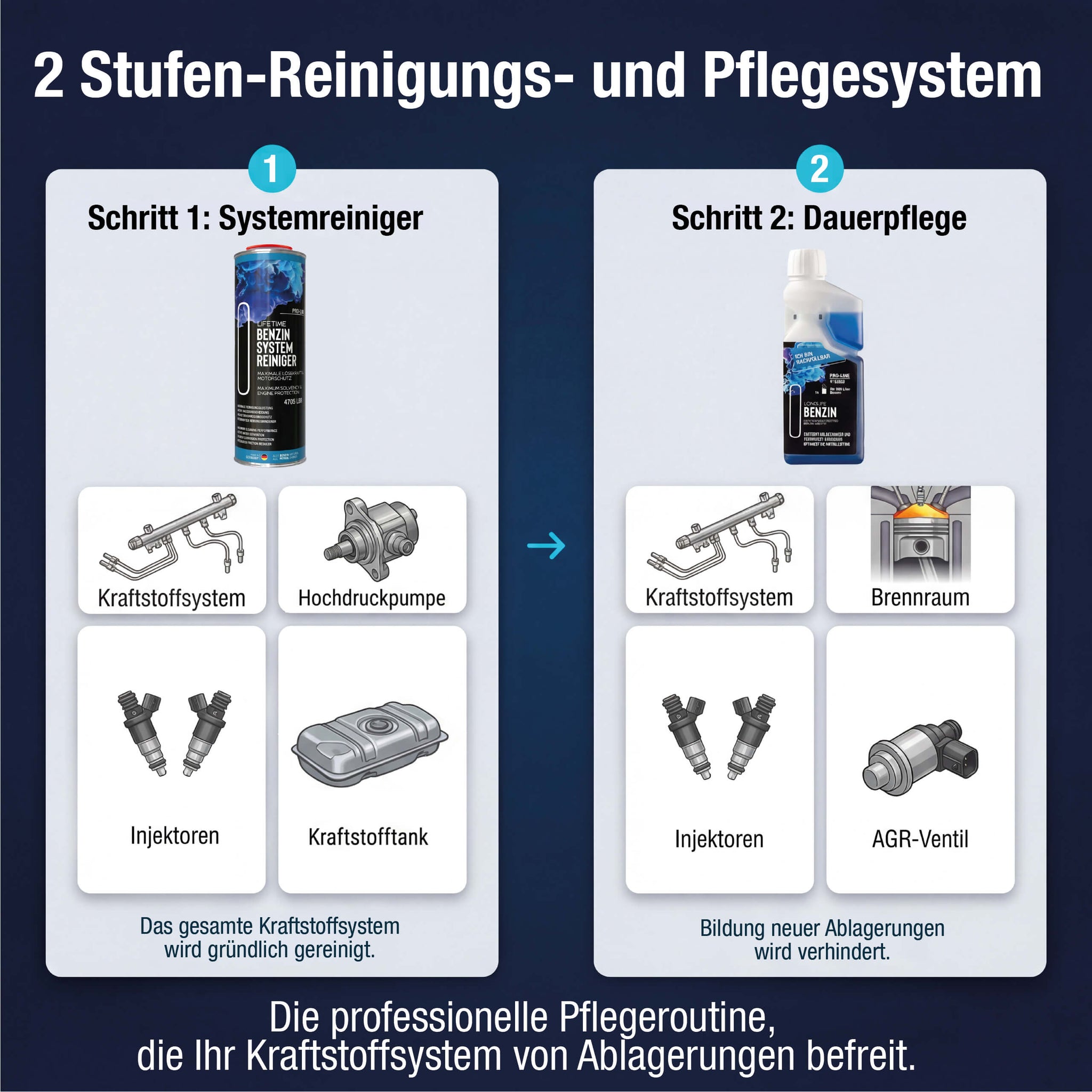 Lifetime Benzin System Reinigungs-Kur PRO-LINE – Systemreiniger 1L + Longlife Benzin 500ml - Saubere Injektoren & Hochdruckpumpe, Korrosionsschutz & Dauerpflege