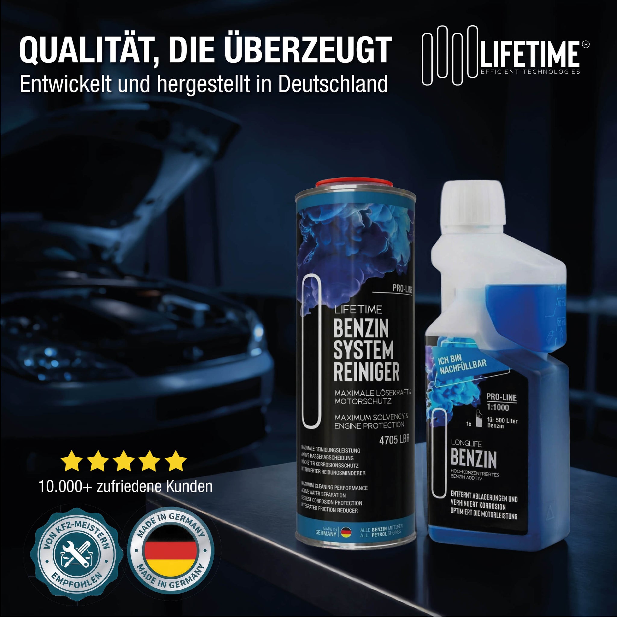 Lifetime Benzin System Reinigungs-Kur PRO-LINE – Systemreiniger 1L + Longlife Benzin 500ml - Saubere Injektoren & Hochdruckpumpe, Korrosionsschutz & Dauerpflege