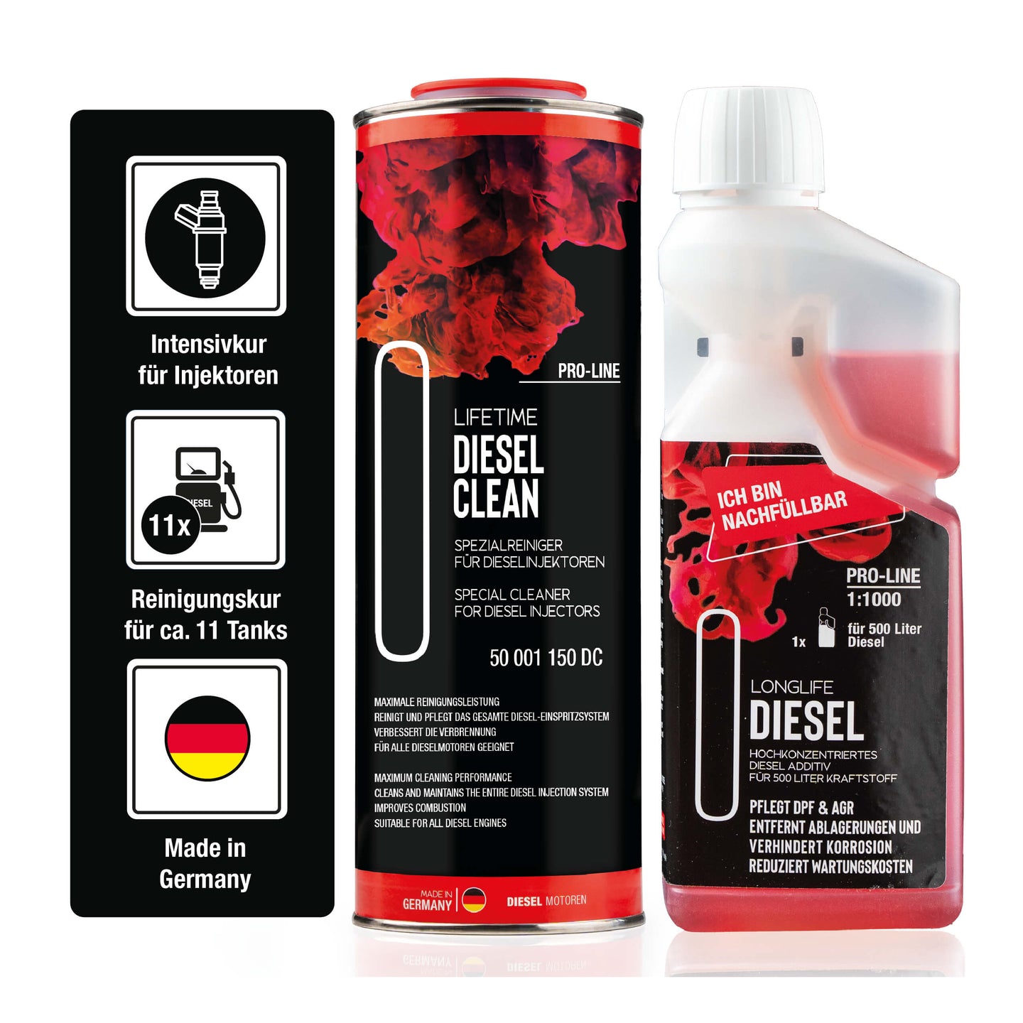 Diesel Injektor & System Reinigungs-Kur Pro-Line - Premium-Pflege Produkt-Set DIESEL CLEAN Pro-Line 1.000ml + Longlife DIESEL Pro-Line 500ml