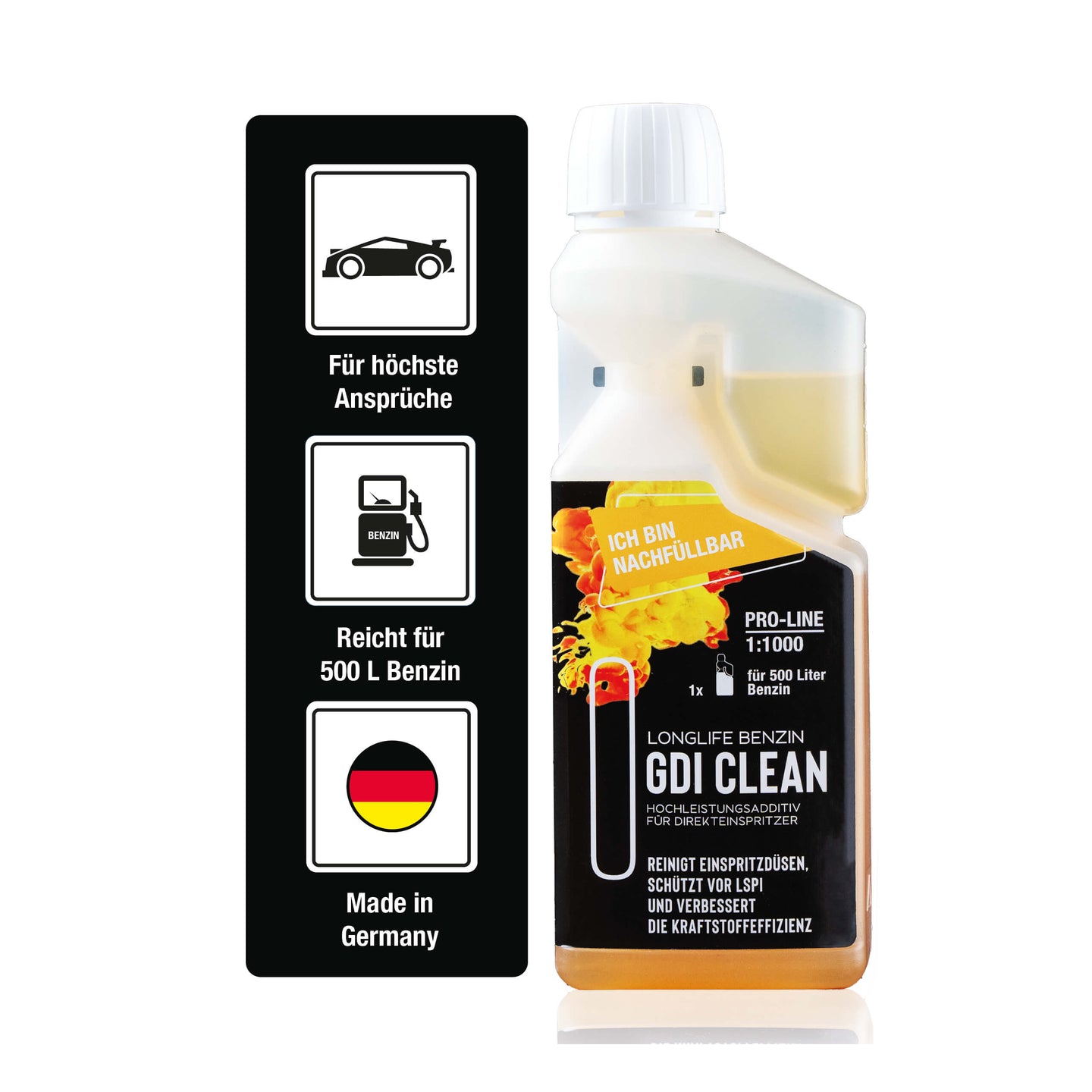 Longlife BENZIN GDI CLEAN Pro-Line - speziell für Direkteinspritzer-Motoren, Kraftstoffadditiv, nachfüllbare Dosierflasche 500ml