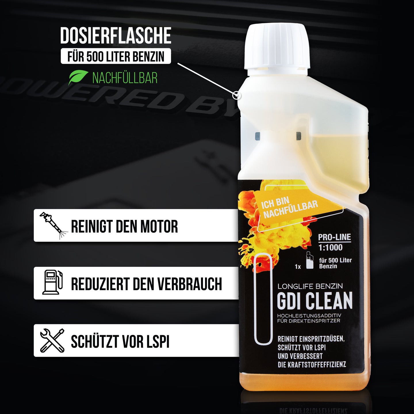 Longlife BENZIN GDI CLEAN Pro-Line - speziell für Direkteinspritzer-Motoren, Kraftstoffadditiv, nachfüllbare Dosierflasche 500ml