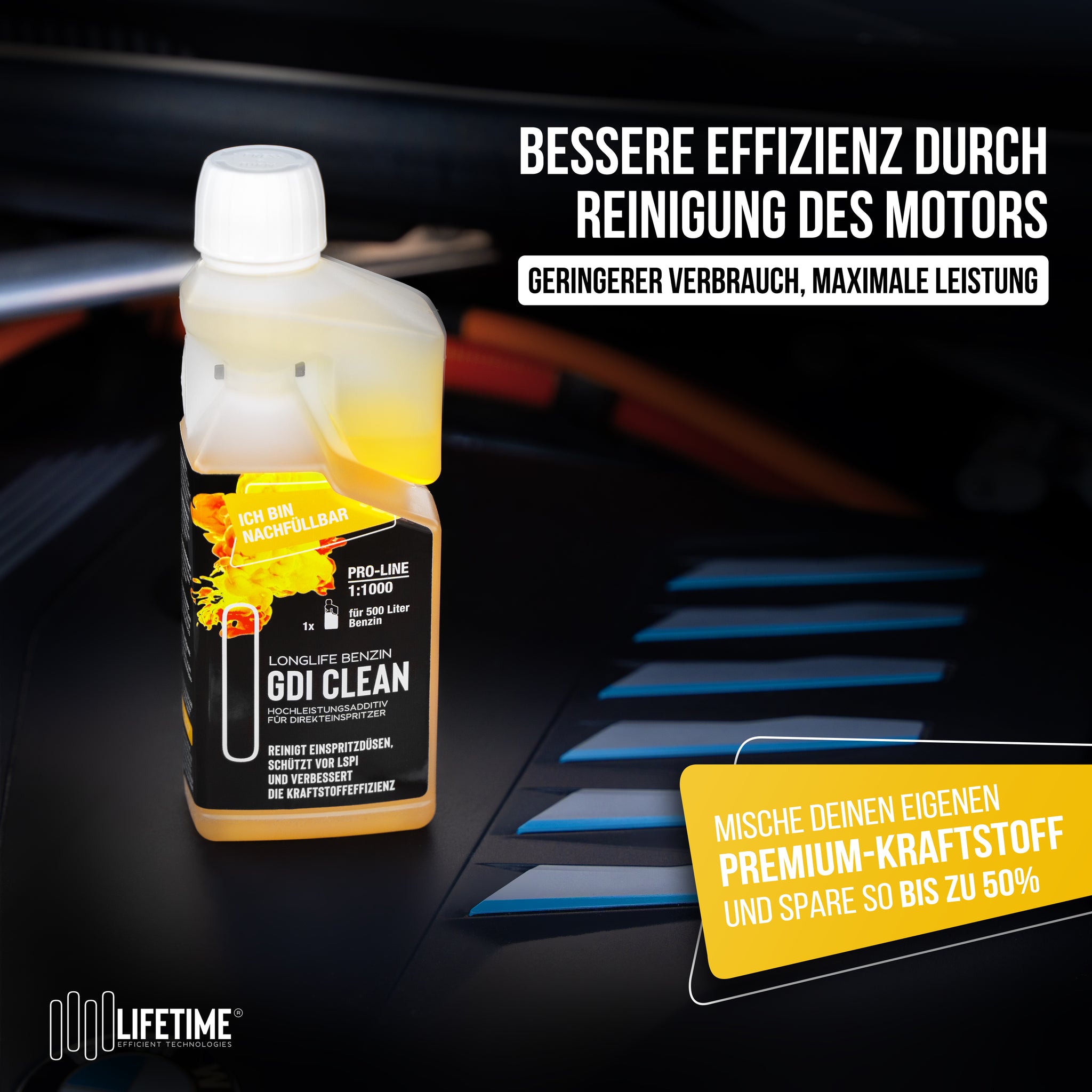 Longlife BENZIN GDI CLEAN Pro-Line - speziell für Direkteinspritzer-Motoren, Kraftstoffadditiv, Nachfülldose 1.000ml reicht für 20 Tankfüllungen!