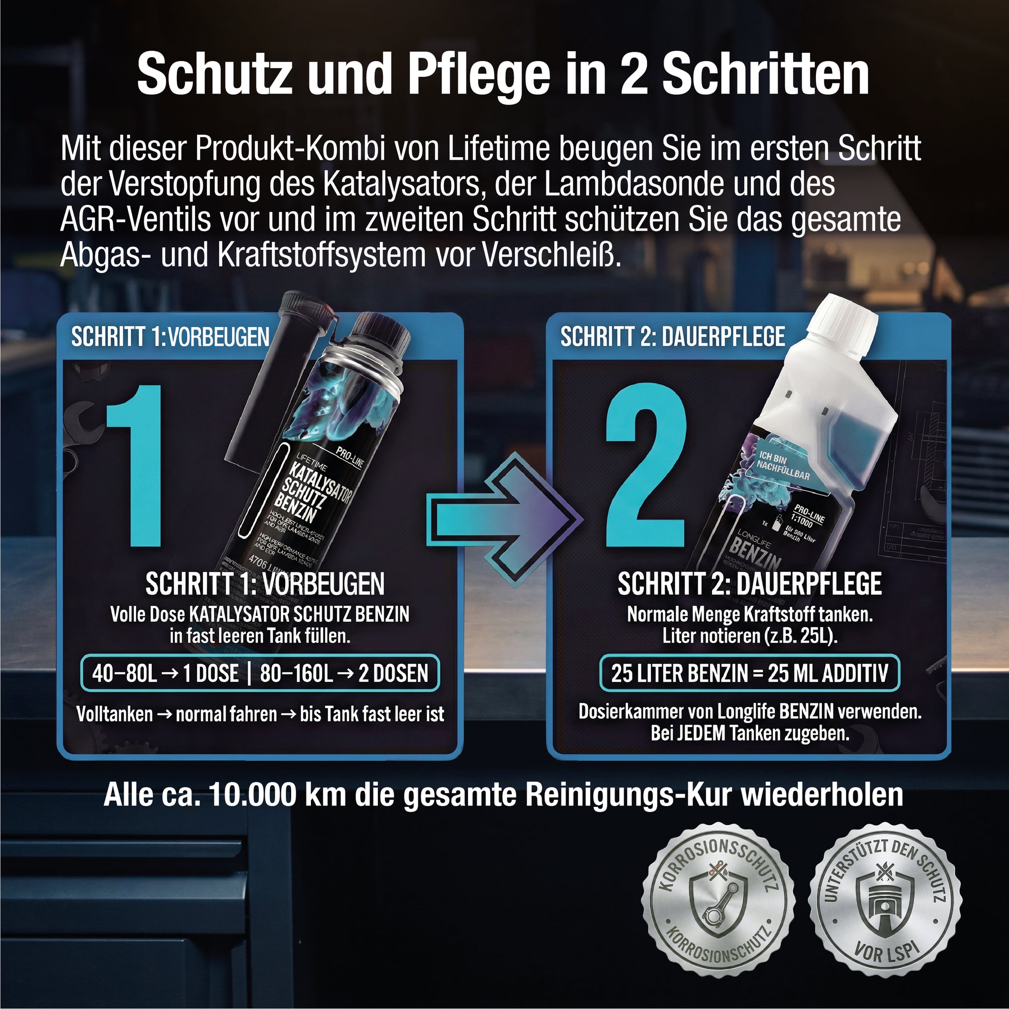 Lifetime Benzin Katalysator Reinigungs-Kur PRO-LINE - Katalysator Schutz 400ml + Longlife Benzin 500ml - OPF & Kat Schutz & Dauerpflege