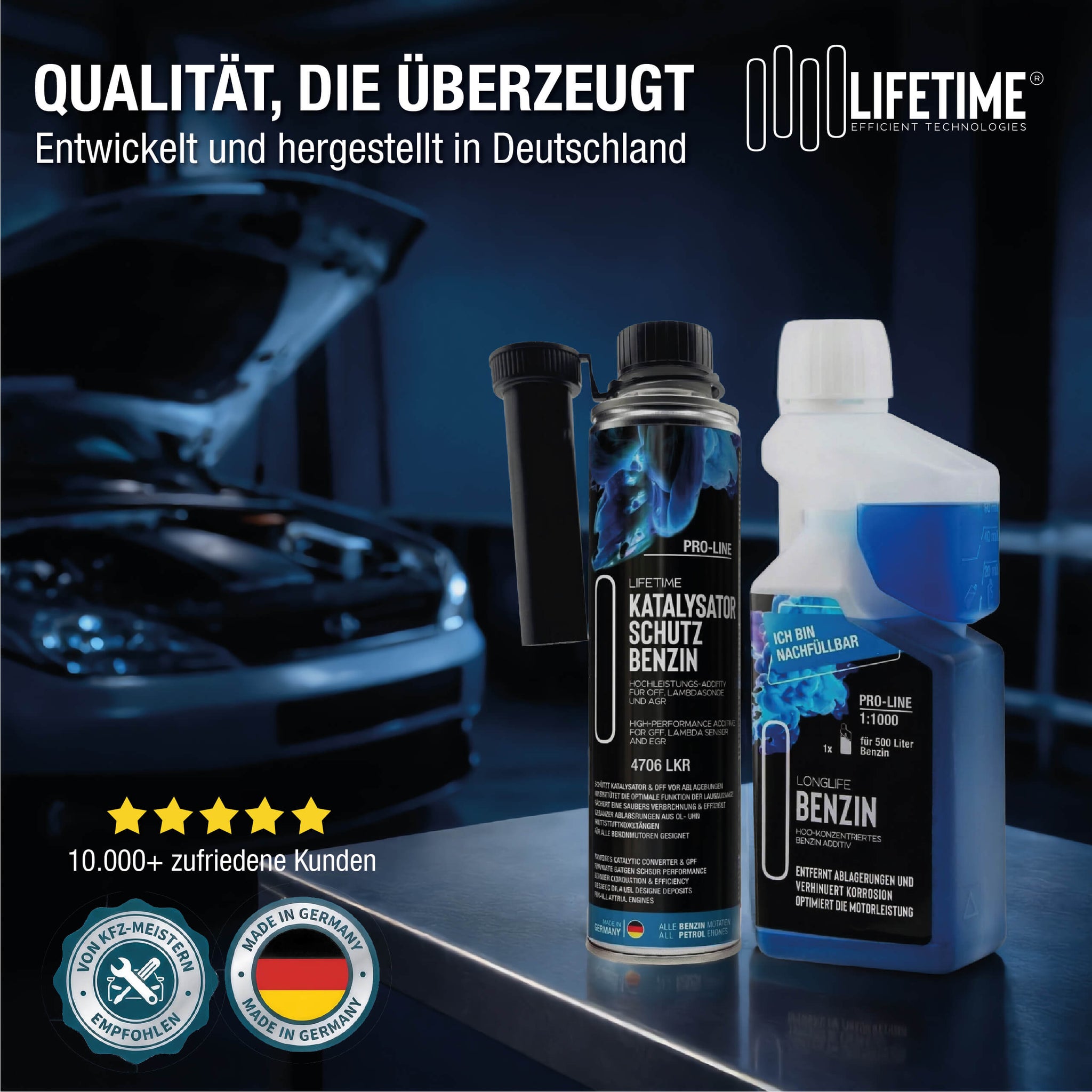 Lifetime Benzin Katalysator Reinigungs-Kur PRO-LINE - Katalysator Schutz 400ml + Longlife Benzin 500ml - OPF & Kat Schutz & Dauerpflege