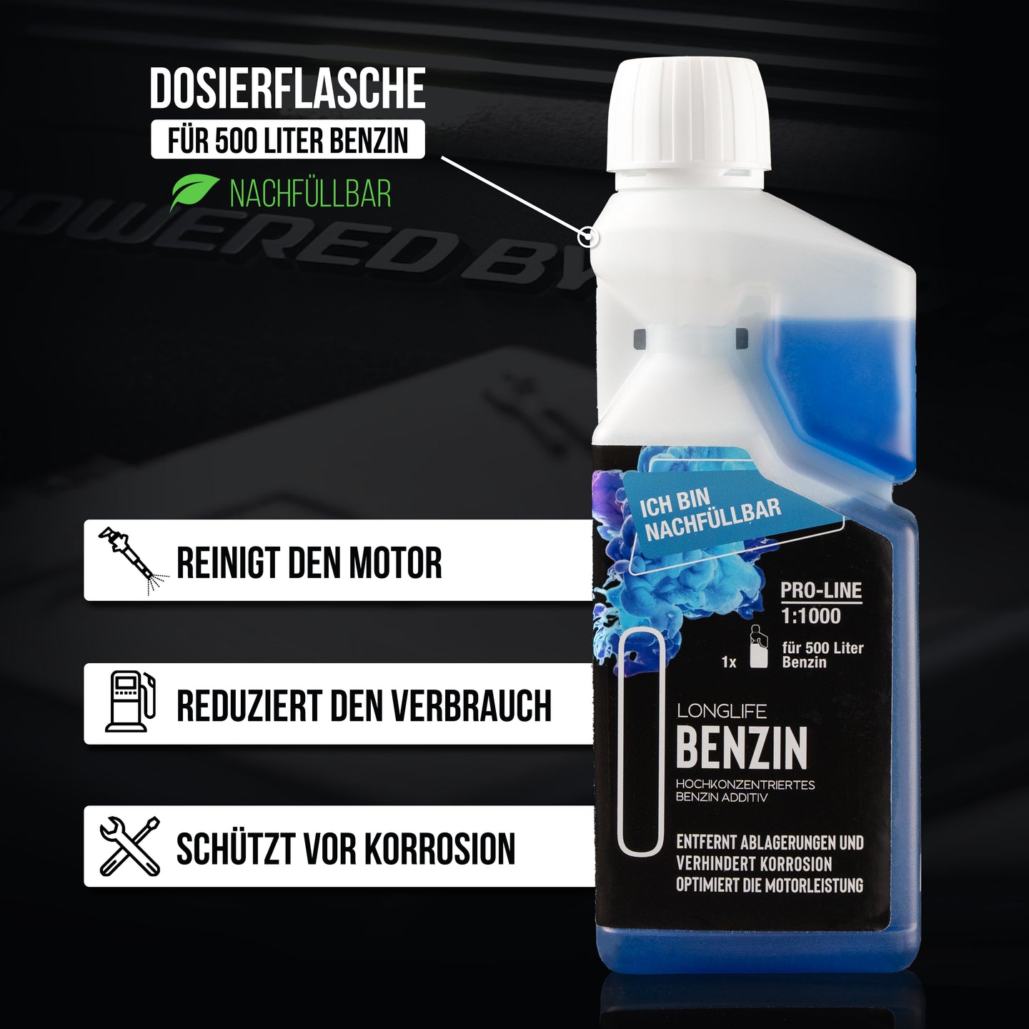 Longlife BENZIN Pro-Line - Premium-Pflege für den Benzin-Motor, Kraftstoffadditiv, nachfüllbare Dosierflasche 500ml