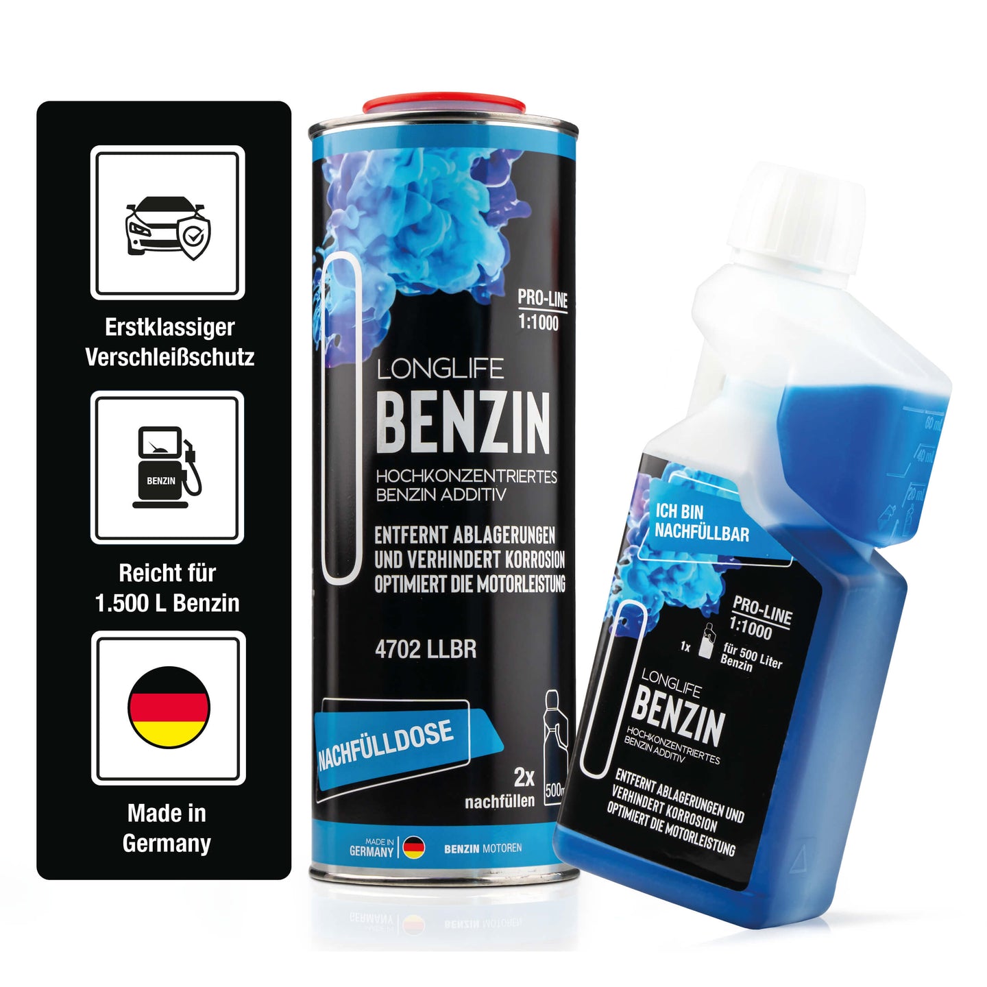 Longlife BENZIN Pro-Line - Premium-Pflege für den Benzinmotor, Kraftstoffadditiv, Refill-Kit 1 x 500ml + 1 x 1.000ml