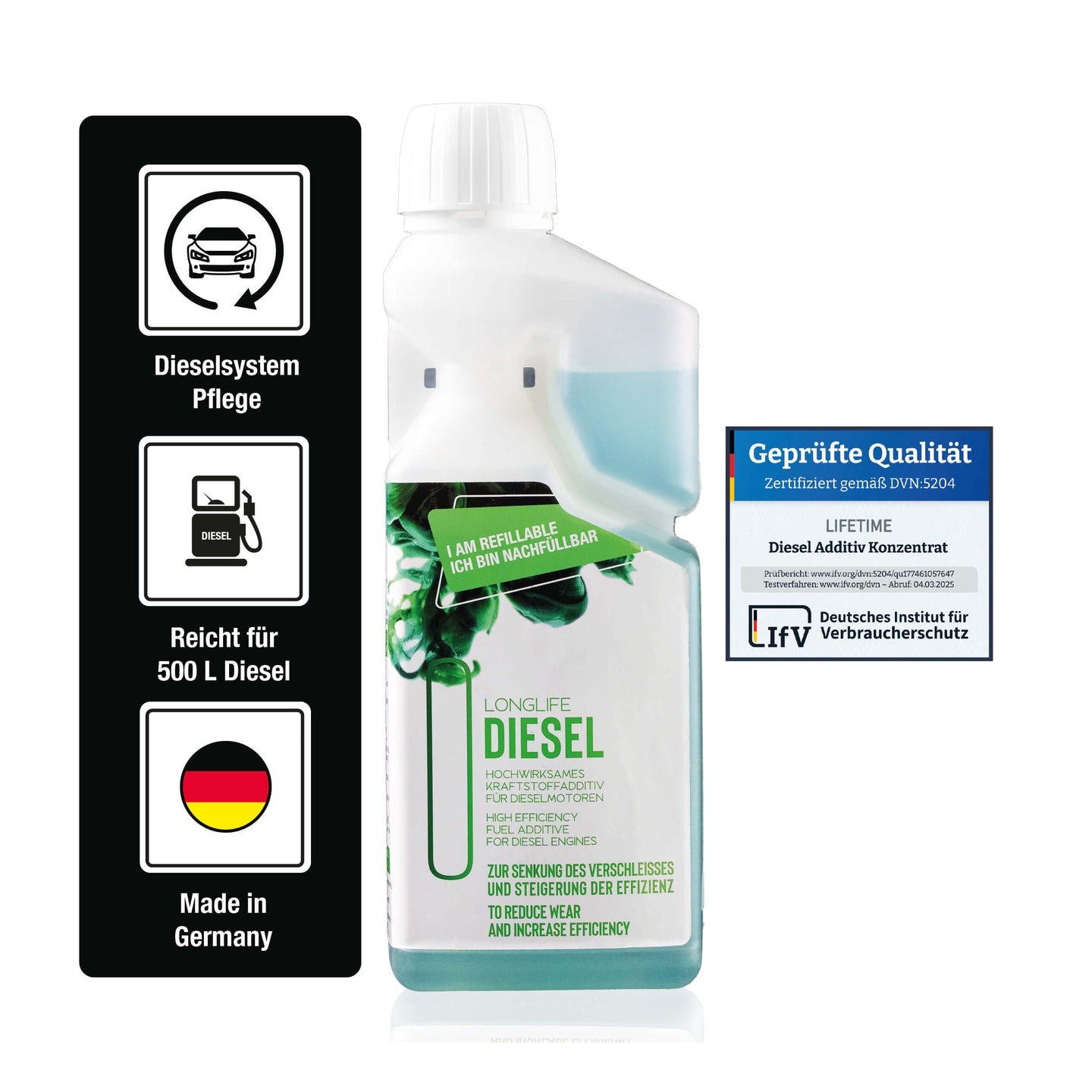 Longlife DIESEL - Basis-Pflege für den Dieselmotor, Kraftstoffadditiv, nachfüllbare Dosierflasche 500ml