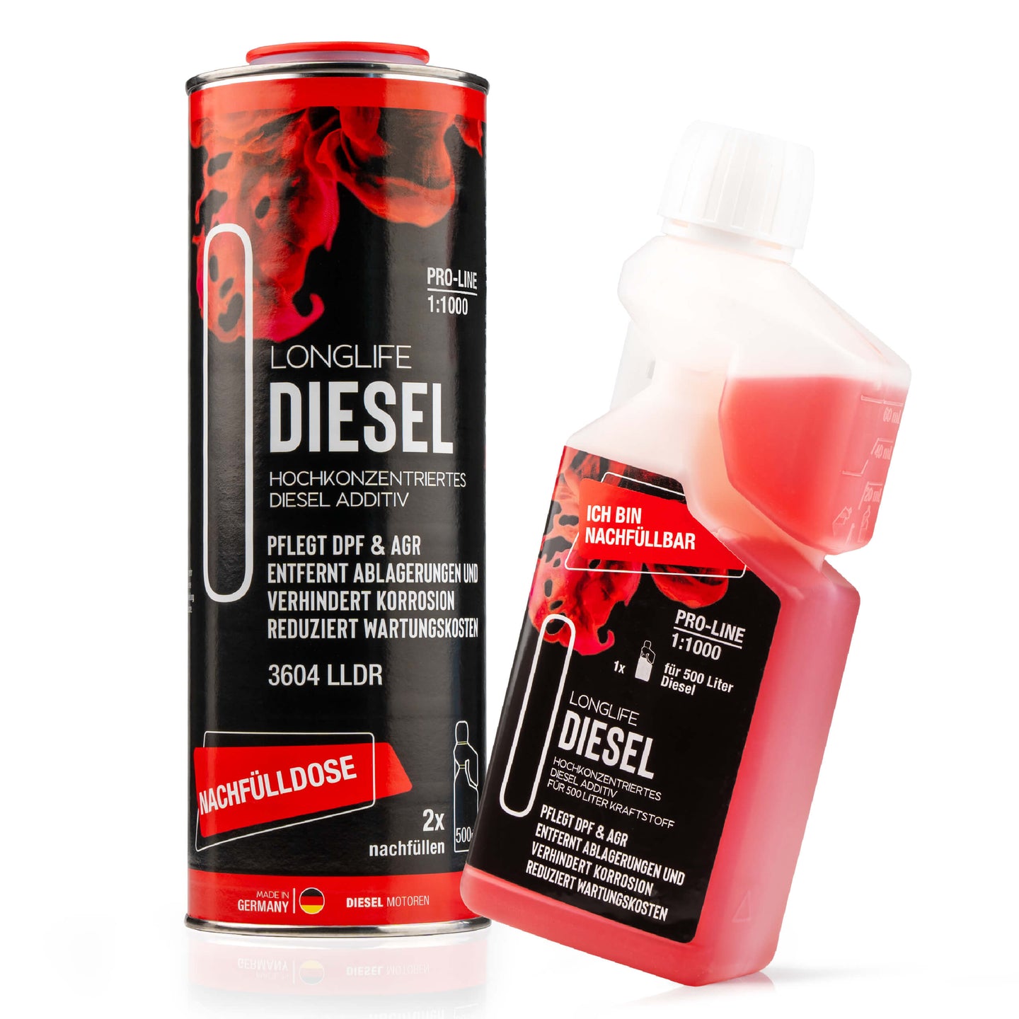LIFETIME Longlife DIESEL Pro-Line Refill-Kit – Diesel-Additiv 500 ml Dosierflasche + 1.000 ml Nachfülldose