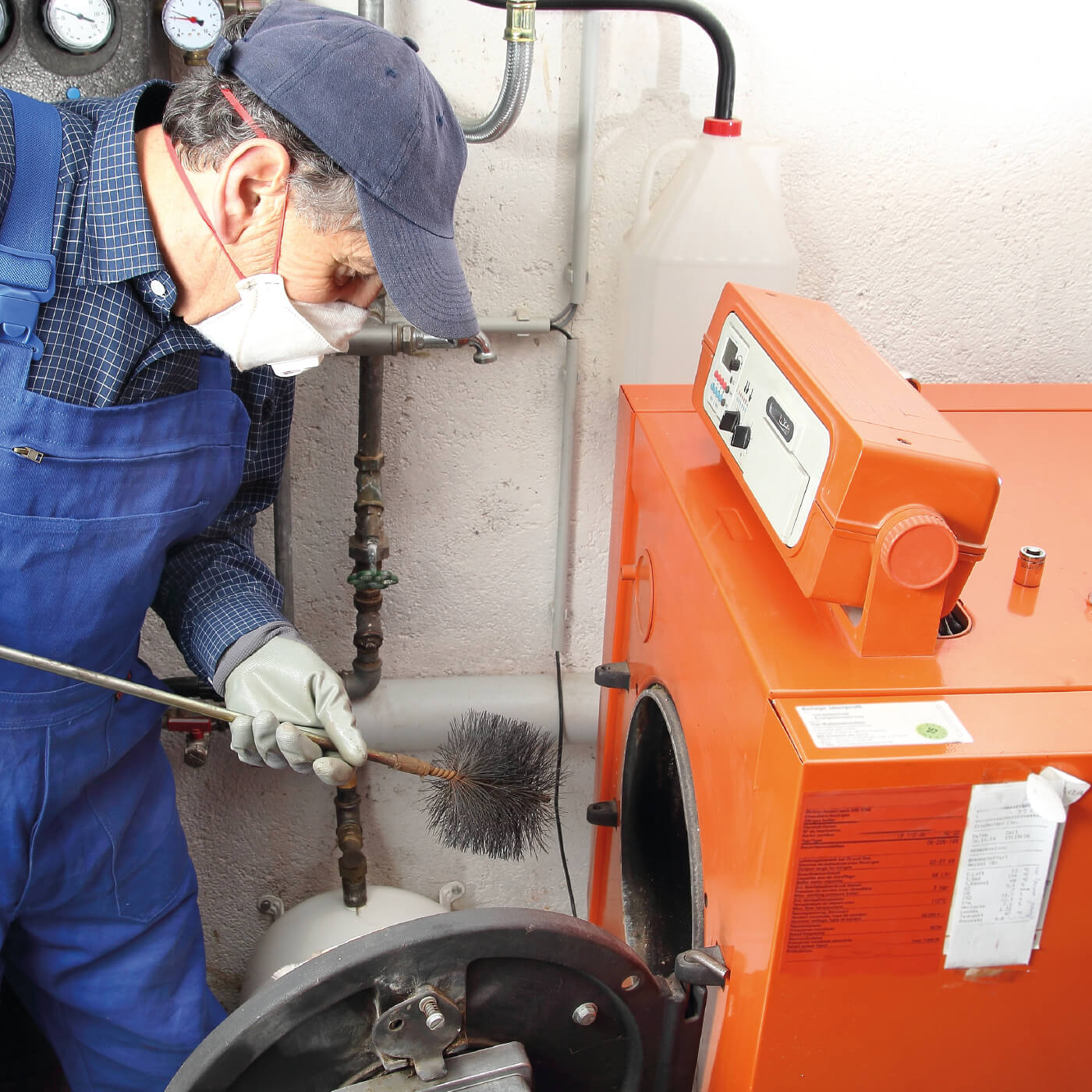 Mann im blauen Overall putzt den Brennraum einer alten ÖlheizungÖlheizung