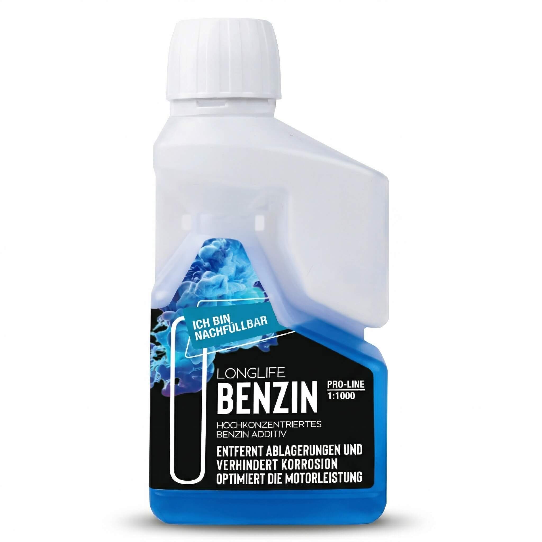 Longlife BENZIN Dosierflasche 250 ml Frontansicht