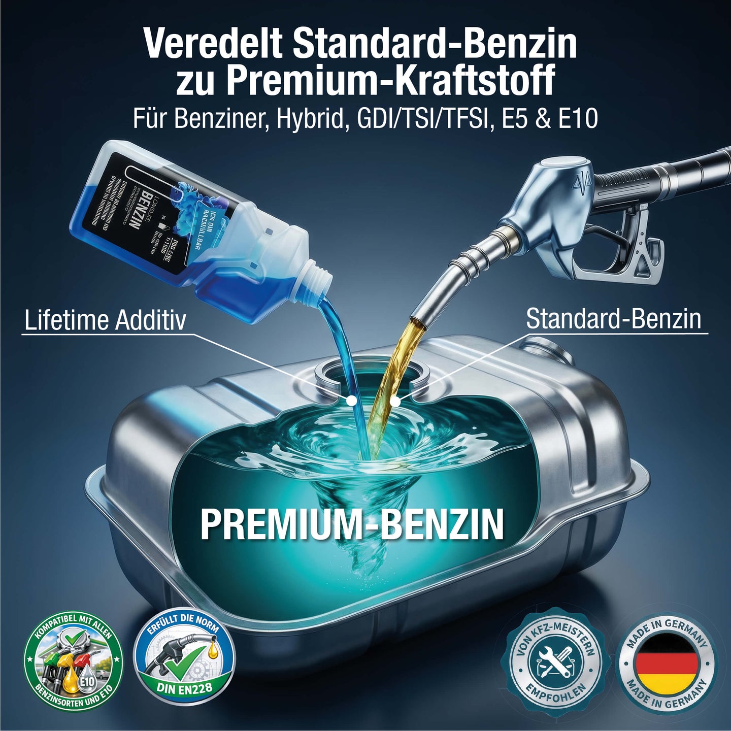 Longlife BENZIN veredelt Standard-Benzin zu Premium-Kraftstoff