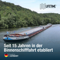 Longlife DIESEL Green V2 seit 15 Jahren in der Binnenschifffahrt etabliert, Binnenschiff auf dem Fluss, Made in Germany