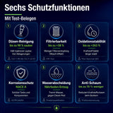 Sechs geprüfte Schutzfunktionen von Longlife DIESEL Green V2: Düsen-Reinigung, Filtrierbarkeit, Oxidationsstabilität, Korrosionsschutz, Wasserabscheidung, Anti-Schaum