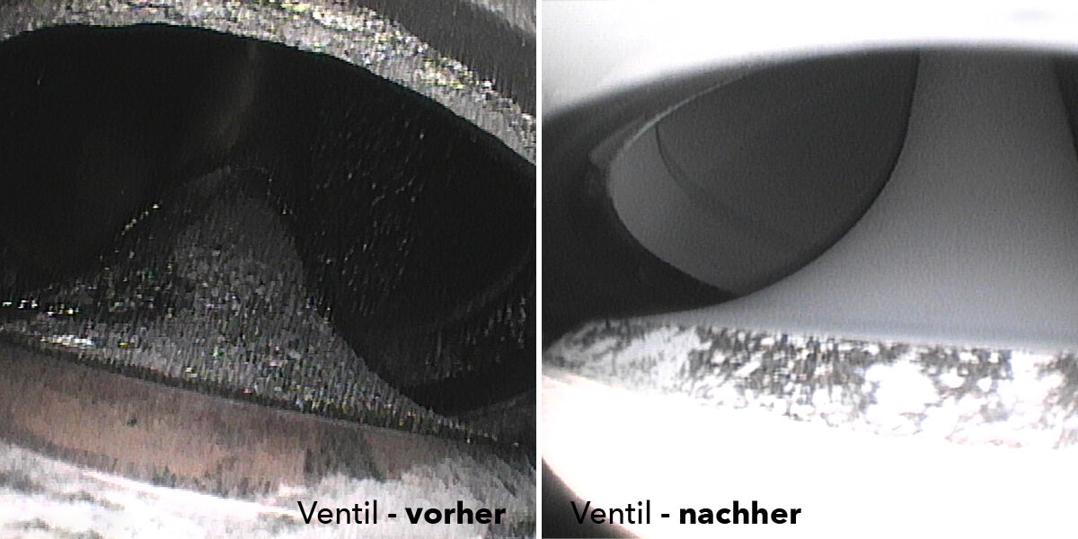 Vorher-Nachher Vergleich: Ventil mit Ablagerungen vor dem Betrieb mit Longlife Diesel Green. Ventil sauber mit Verwendung von Longlife Diesel Green.