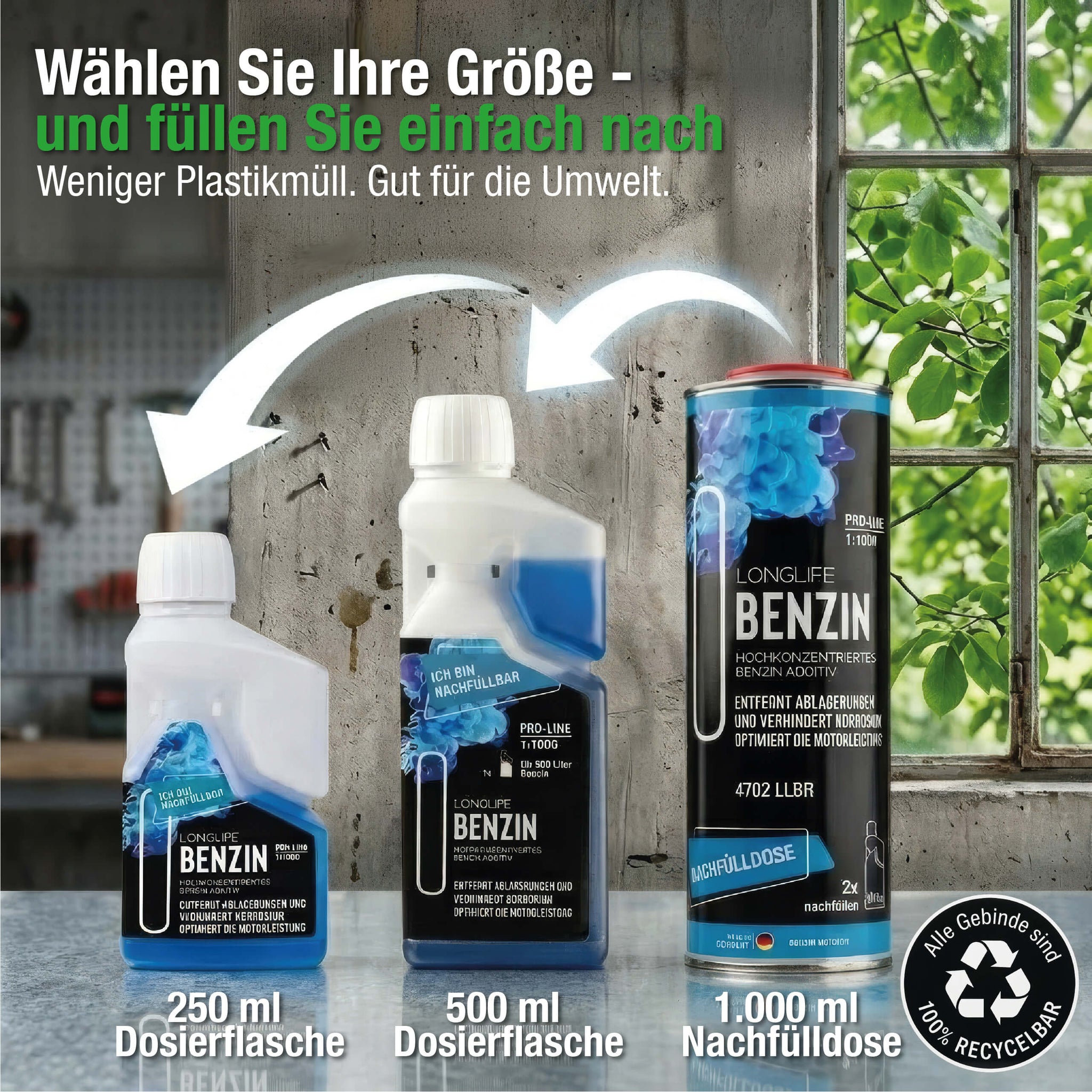 Longlife BENZIN recycelbare Gebinde 250 ml, 500 ml, 1000 ml