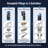 Benzin Komplett-Pflege in drei Schritten – Reinigung, Kat und OPF Schutz, Dauerpflege für Kraftstoffsystem, Abgastrakt und Brennraum