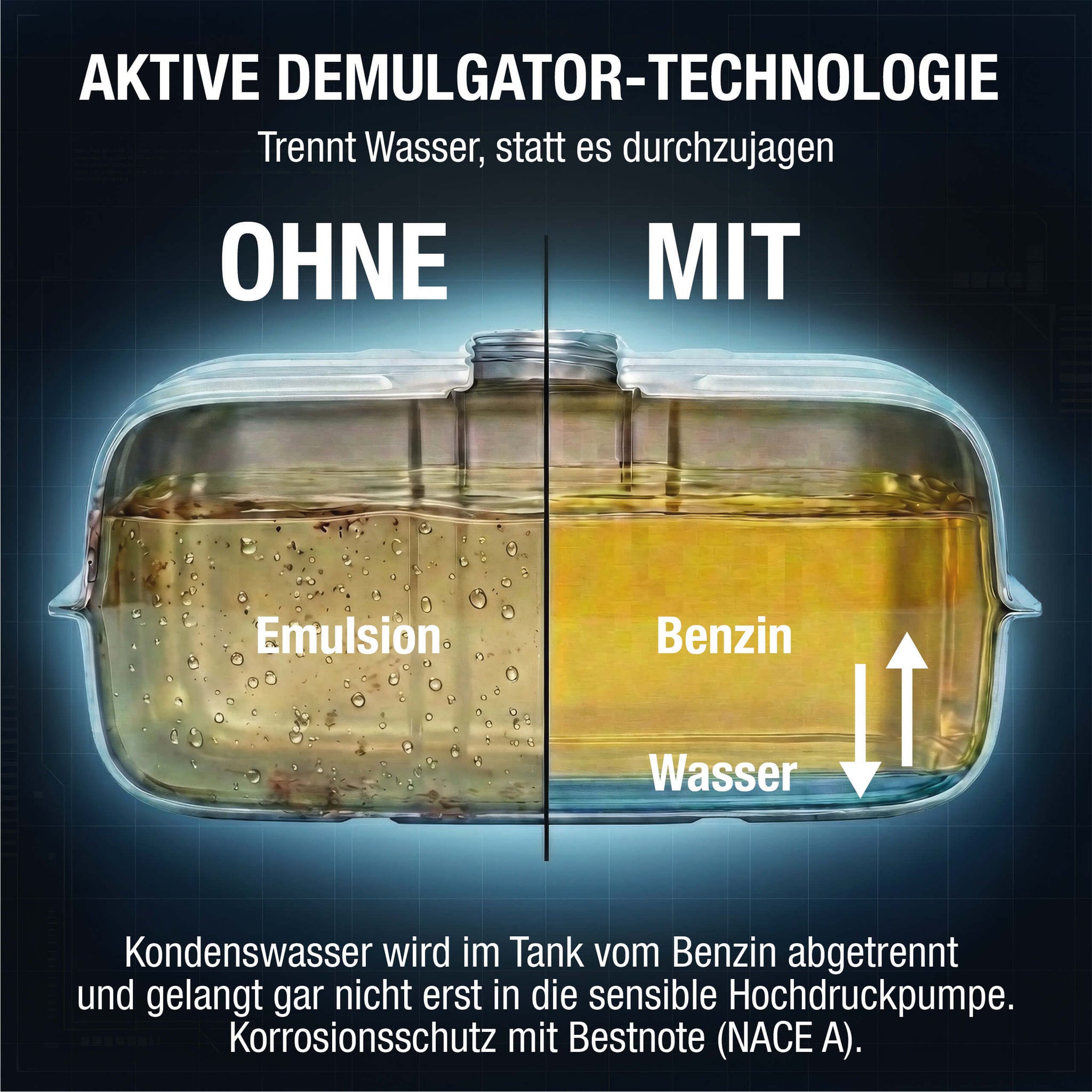 Benzin Systemreiniger trennt Wasser statt es durch die Hochdruckpumpe durchzujagen