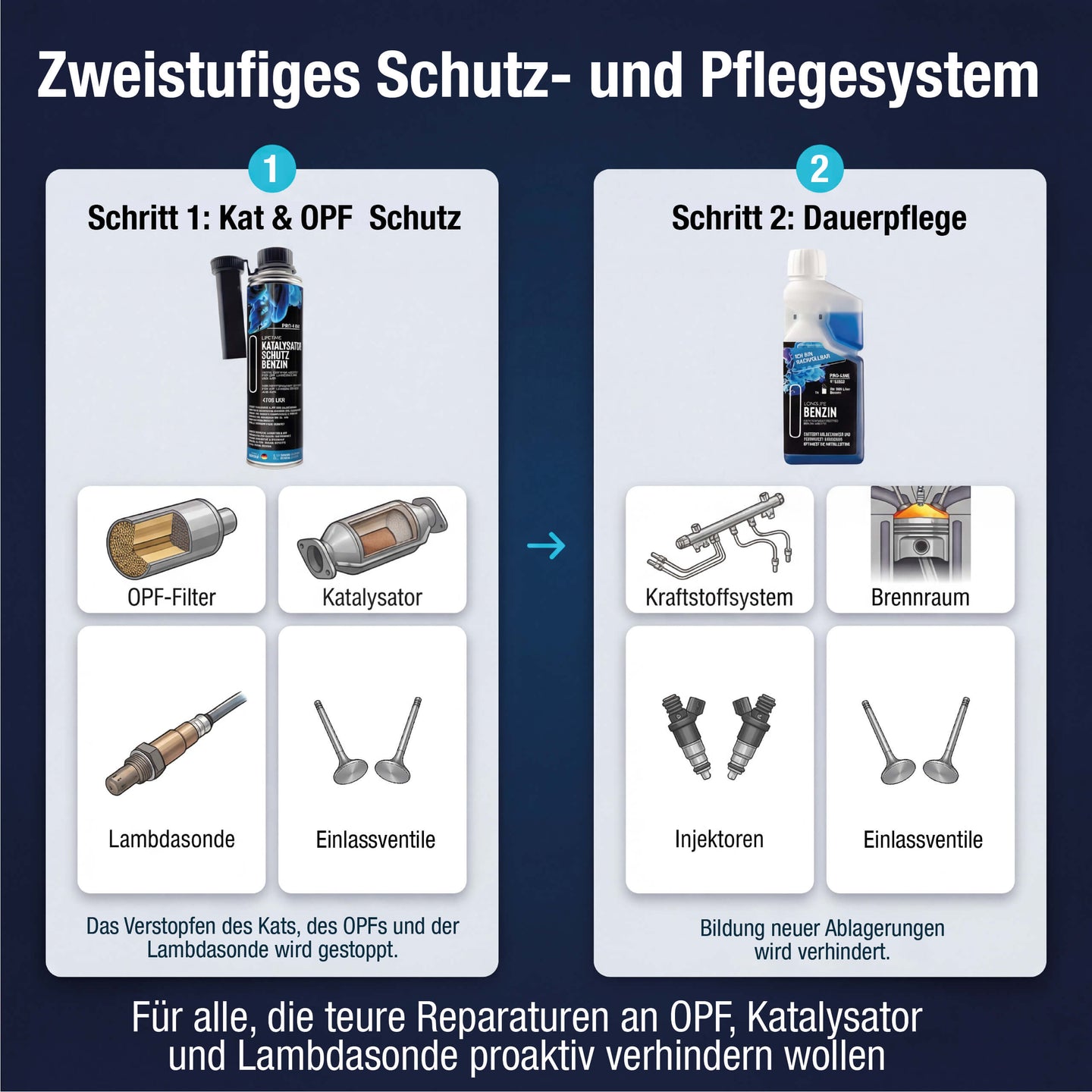 Katalysator Schutz Benzin und Longlife BENZIN Pro-Line – zweistufiges Schutz- und Pflegesystem für OPF, Katalysator, Lambdasonde, Einlassventile und Kraftstoffsystem