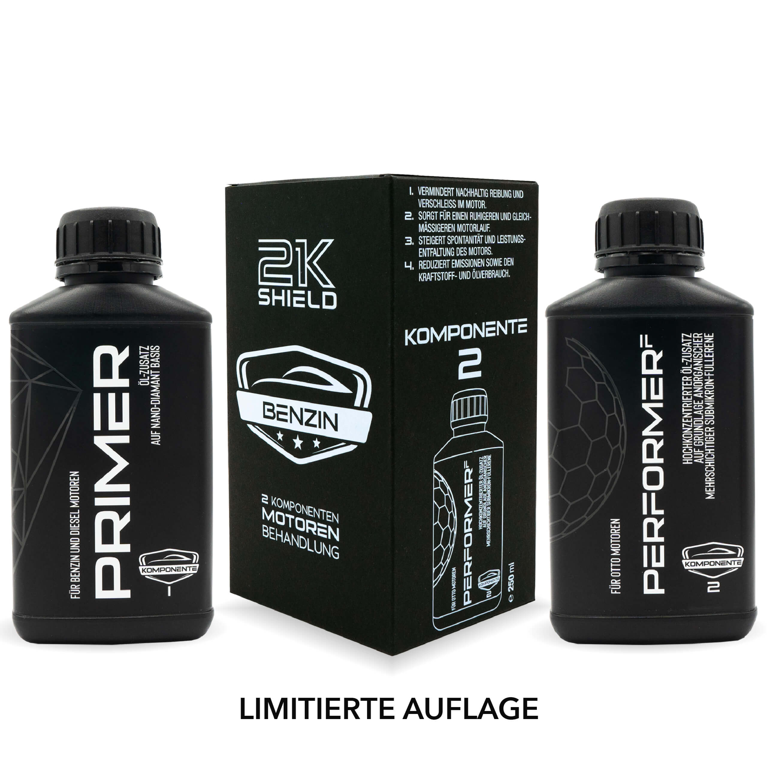2 Öl Additive PRIMER und PERFORMER F mit der Verpackung auf dem weißen Hintergrund