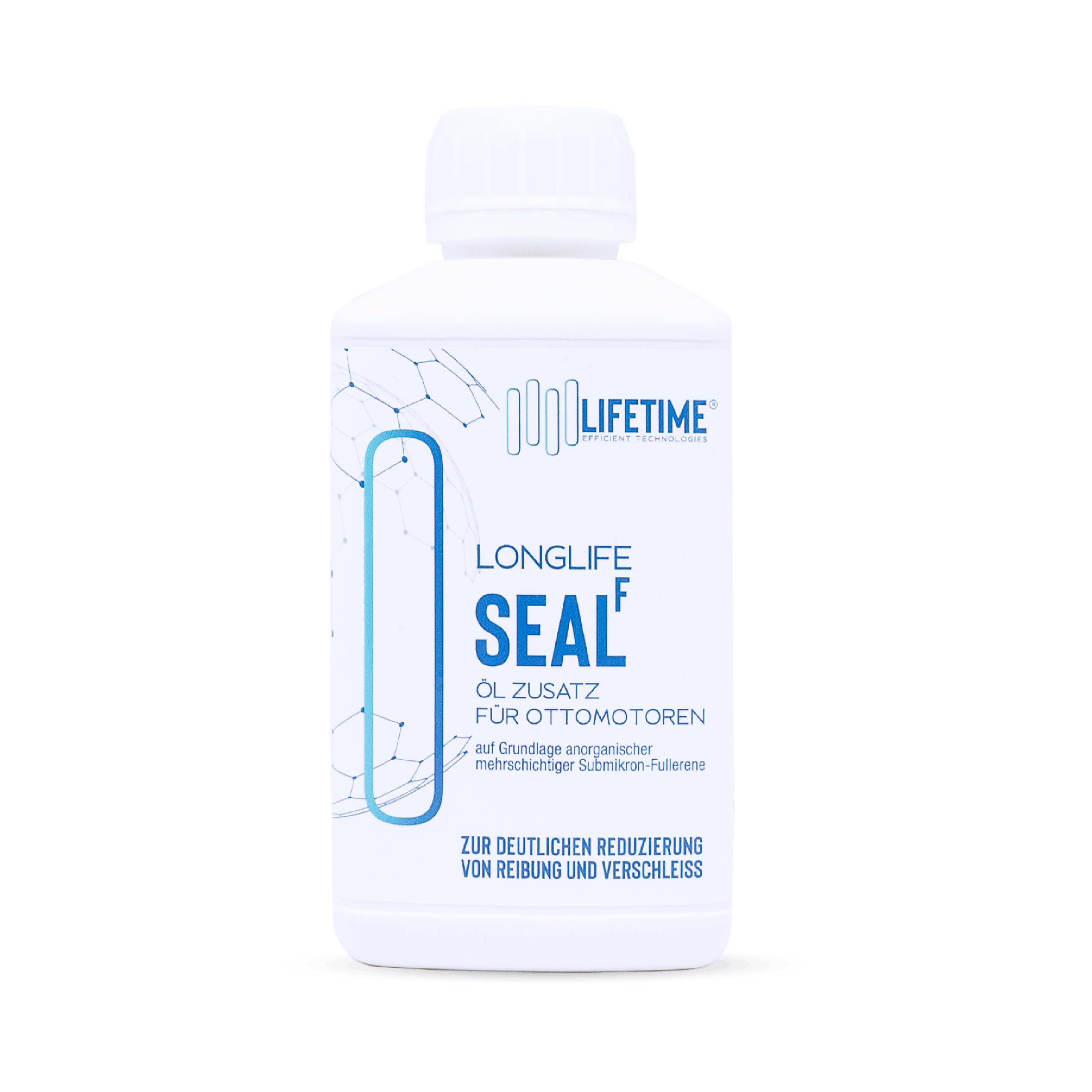 Eine Flasche Öl Additiv SEAL F auf dem weißen Hintergrund